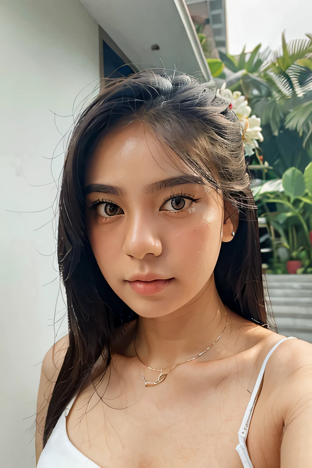 ((best quality)), ((masterpiece)), (detailed), perfect face, waist high portrait of a girl named Sandrina. Live in Bandung - Indonesia, White skin, 20 years old, hyper detailed face features, idol face shape