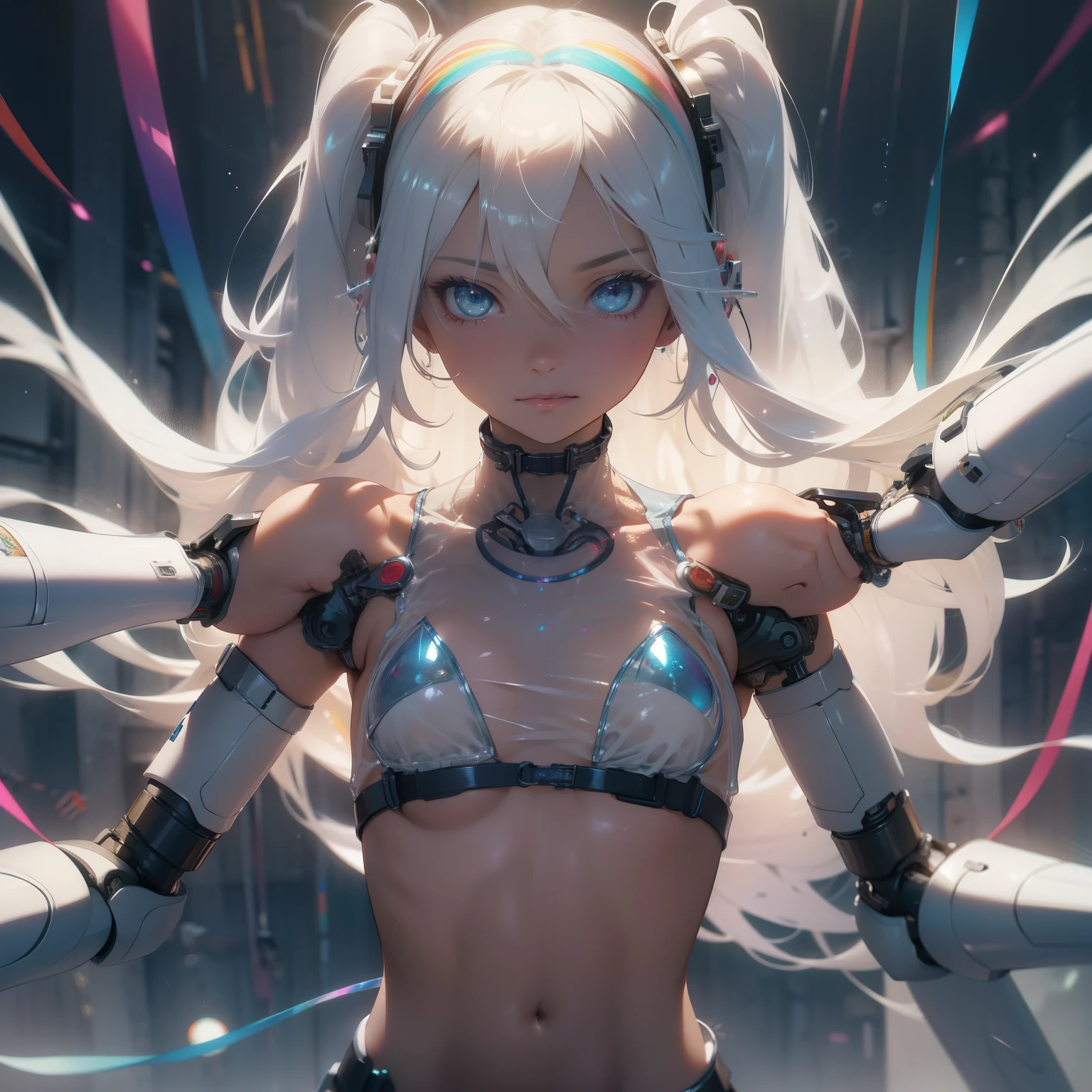 (quality)), ((masterpiece)), Recommended results、Puffy nipples、(see through:1.5)、straighten your back、abdominal muscles、huge bust、angle to floor:1.2、low camera angle、Hair loss on crotch，Hatsune Miku，super detailed)), (Very detailed的CG插画), ((extremely delicate and beautiful)),(1 white transparent mechanical girl)),alone,whole body,(Machine made joints:1.2),((mechanical limbs)),(Flashing blood vessel points connected to tubes),(Mechanical vertebrae attached to the back，with flowing glitter.),((Flowing rainbow fixed around neck)),perfect round face,(wires and cables attaching to neck:1.2),(Rainbow wires and cables on the head:1.2)(Character focus),,Very detailed,rich and colorful,most detailed，white ceramic skin，long blonde hair