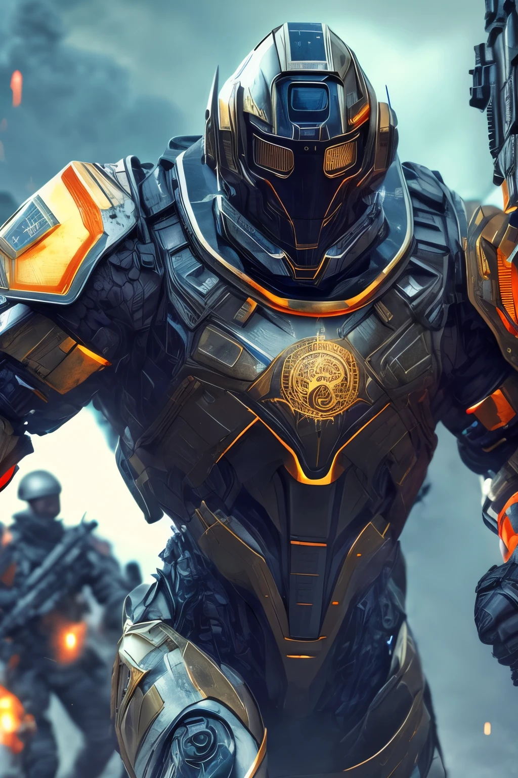 A grinding scene of machine warfare unfolds in front of a lone soldier, his armored suit reflecting the gritty textures of the battlefield in 8k resolution. His helmet conceals his features, but his piercing blue eyes are visible through the tiny slits. Beyond him, massive robots clash against each other, their metallic limbs sparking and colliding in a spectacle of power and destruction. The soldier clutches a high-tech rifle in his calloused hands, its intricate mechanisms glowing with an ethereal light. His suit is adorned with badges and insignia, each one a symbol of his bravery and dedication in the face of such