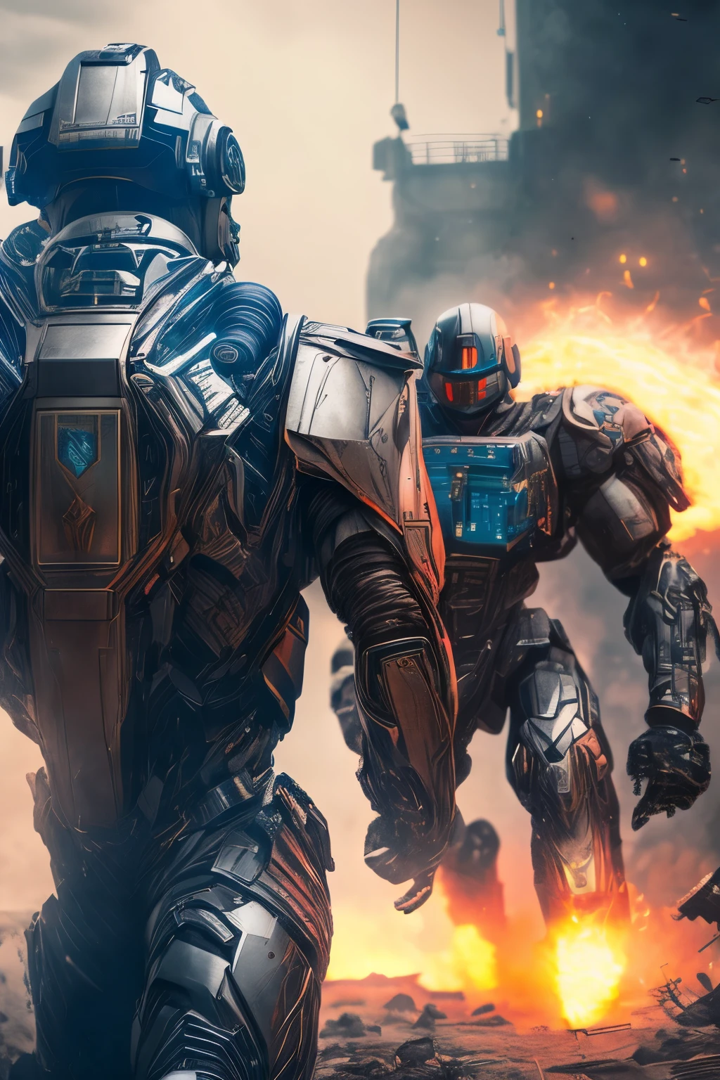 A grinding scene of machine warfare unfolds in front of a lone soldier, his armored suit reflecting the gritty textures of the battlefield in 8k resolution. His helmet conceals his features, but his piercing blue eyes are visible through the tiny slits. Beyond him, massive robots clash against each other, their metallic limbs sparking and colliding in a spectacle of power and destruction. The soldier clutches a high-tech rifle in his calloused hands, its intricate mechanisms glowing with an ethereal light. His suit is adorned with badges and insignia, each one a symbol of his bravery and dedication in the face of such