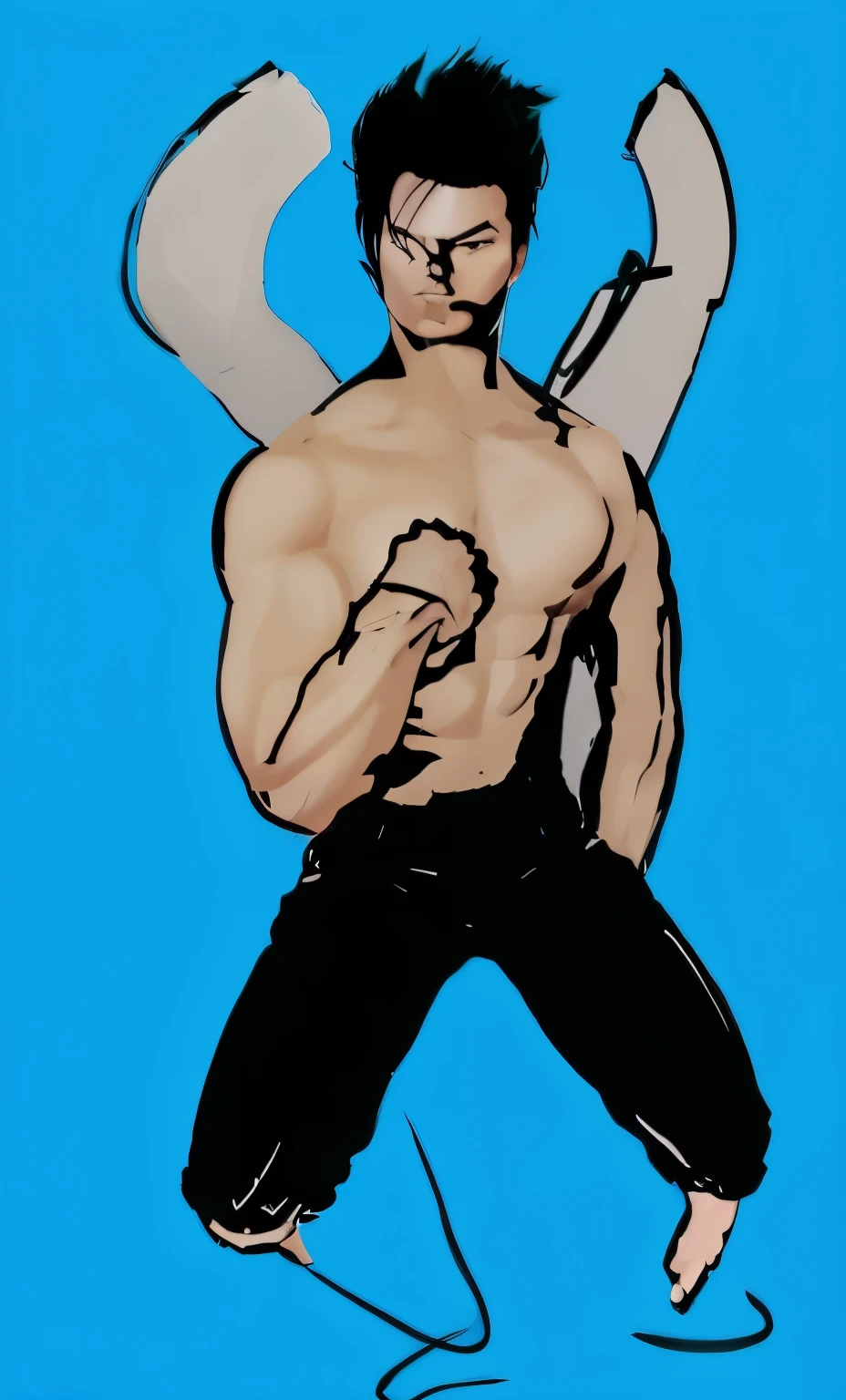 Realistic artwork of a man with black hair like Jin Kazama, with slightly tan skin, and amazing white eyes. His face displays a cool expression with thick Japanese eyebrows. He has four strong arms, wearing long black jeans with bare feet, ready to fight. With a stance that suggests readiness to fight, this character stands out against the dramatic backdrop, creating an epic and uplifting picture."