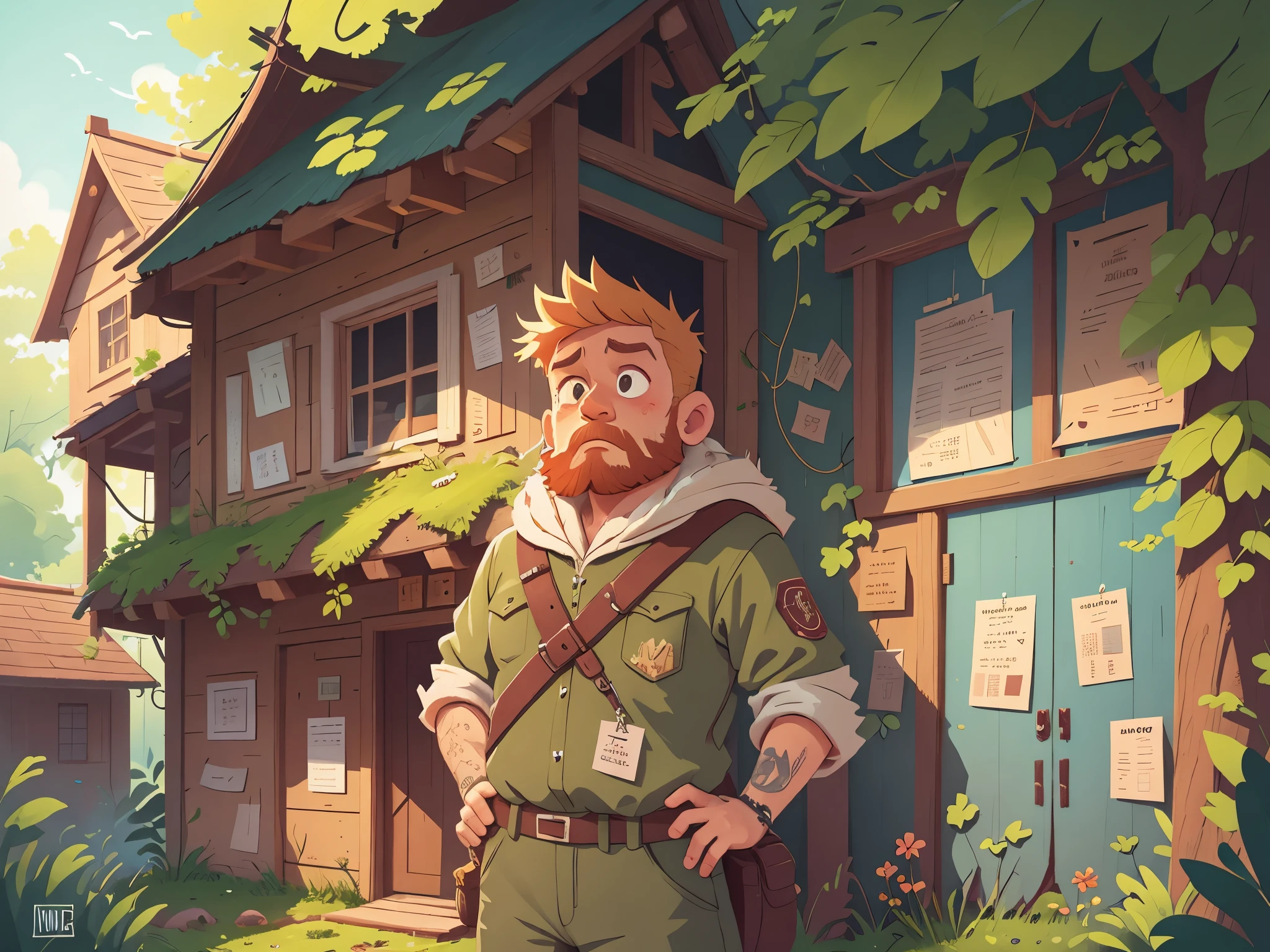 [[[Ultra-detailed, best quality, beautiful, 4K, detailed faces, medieval stories]]], Serious, blond-bearded middle-aged man, with a wooden house in the background, blond-haired middle-aged man with sad expression, Colorful children's book illustrations