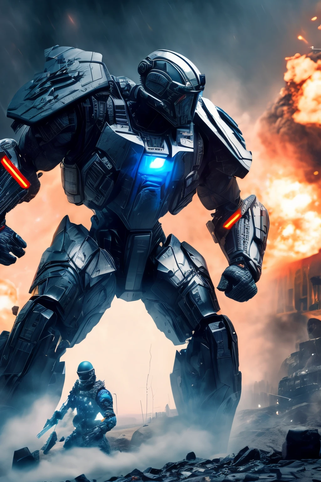 A grinding scene of machine warfare unfolds in front of a lone soldier, his armored suit reflecting the gritty textures of the battlefield in 8k resolution. His helmet conceals his features, but his piercing blue eyes are visible through the tiny slits. Beyond him, massive robots clash against each other, their metallic limbs sparking and colliding in a spectacle of power and destruction. The soldier clutches a high-tech rifle in his calloused hands, its intricate mechanisms glowing with an ethereal light. His suit is adorned with badges and insignia, each one a symbol of his bravery and dedication in the face of such