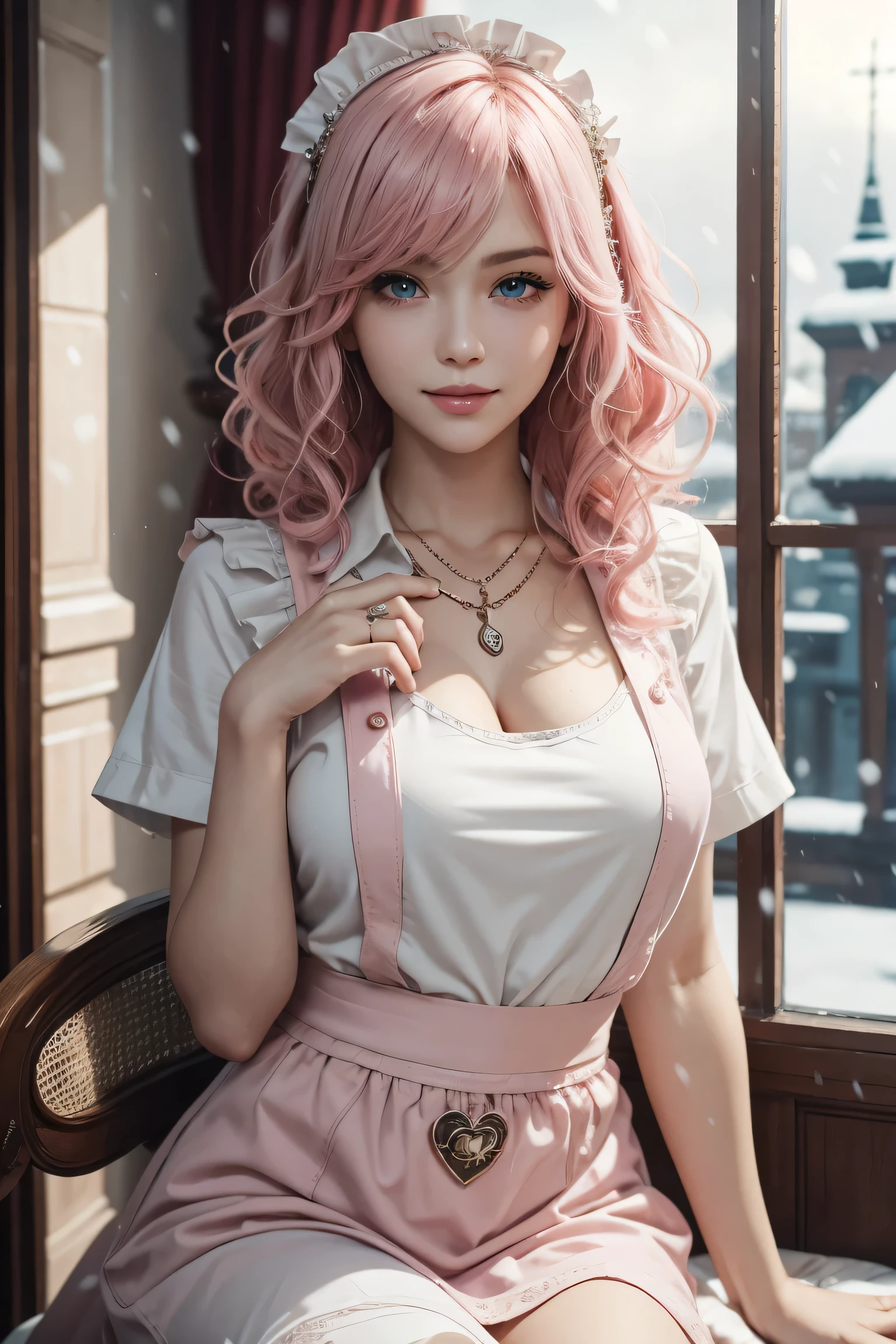 lightning,Final Fantasy,Pink Blonde,medium hair,light perm hair,curly hair on one side,disappoint one&#39;bangs,beautiful blue eyes,beautiful and high nose,super high quality,super high quality,masterpiece,digital single lens reflex,realistic,Detailed details,vivid details,depicted in detail,detailed face,Detailed details,Super detailed,realistic skin texture,Based on anatomical grounds,perfect anatomy,anatomically correct hand,anatomically correct fingers,Complex 3D rendering,Huge ,sexy pose,White Ruffled Shirt,pink apron,Maid clothes,Put it in a nice photo frame and display it,land of sweets,ファンタジーなland of sweets,Valentine&#39;s Day,have some delicious chocolate,luxury sweets house,Colorful chocolate,豪華なValentine&#39;s Day,heart mark balloon,colorful sweets room,Colorful macarons,Valentine gift box,mysterious snow scene,It&#39;s snowing,Picturesque beauty,Take a full body photo,9 head body,pink lip,Beautiful curly hair,Luxury necklaces,emphasize the beautiful whole body,beautiful nails,High-leg T-back,smile,