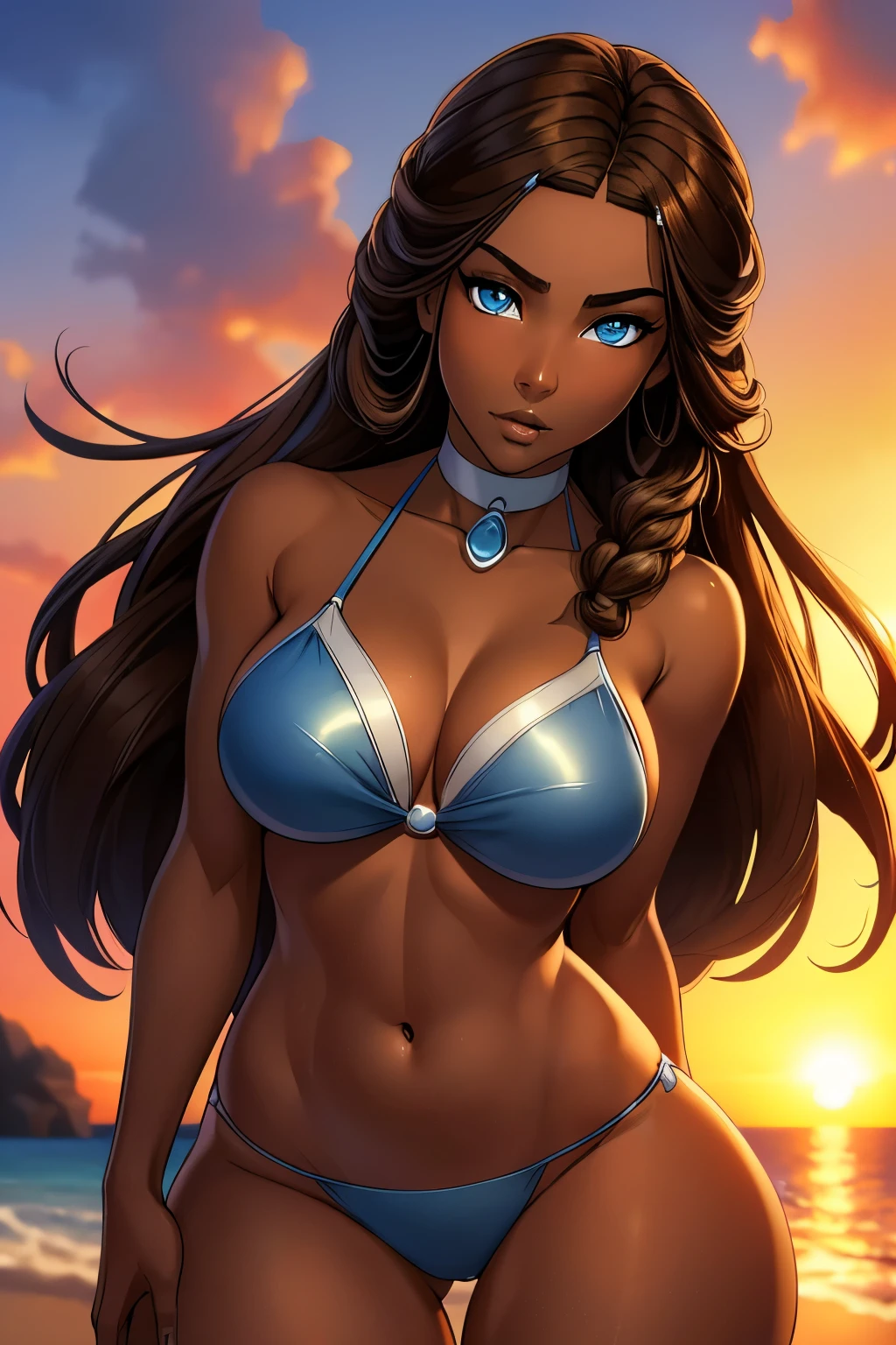 ((ultra quality)), ((masterpiece)), Katara, ((brown-haired long hair)), (Beautiful face), (beautiful female lips), (), charming, ((sexy facial expression)), looks at the camera, (dark skin color), (dark skin), glare on the body, ((Detailed eyes)), ((Dark blue eyes)), (juicy female lips), (brown lips), (dark eyeliner), (beautiful female hands), ((ideal female figure)), ideal female body, beautiful waist, beautiful hips, medium breasts, ((subtle and beautiful)), A seductive stance (), (wearing a dark blue bikini) background: beach sunset, ((depth of field)), ((high quality clear image)), (clear details), ((high detail)), realistically, professional photo session, ((Clear Focus))