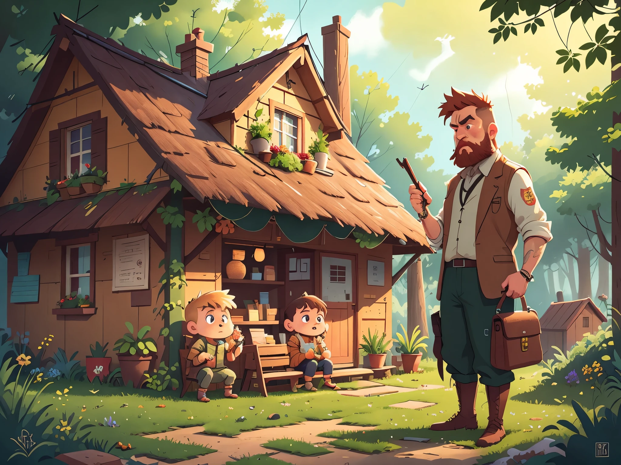 [[[Ultra-detailed, best quality, beautiful, 4K, detailed faces, medieval stories]]], Serious, blond-bearded middle-aged man, with a wooden house in the background, blond-haired middle-aged man with sad expression, Colorful children's book illustrations