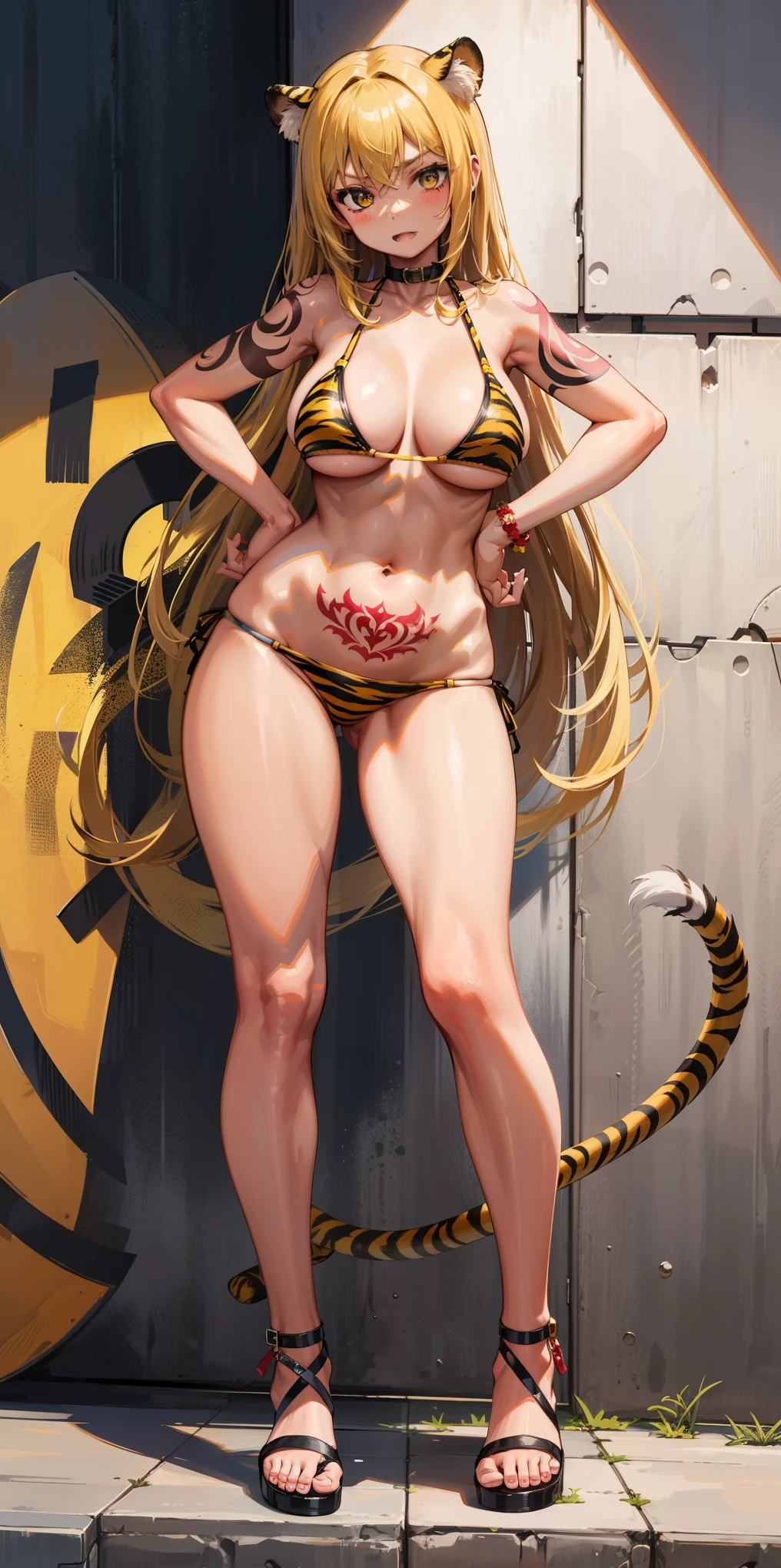 1 girl, bare shoulders, wearing a yellow tiger bikini, metal sandals, strong body, red tattoo under stomach, navel