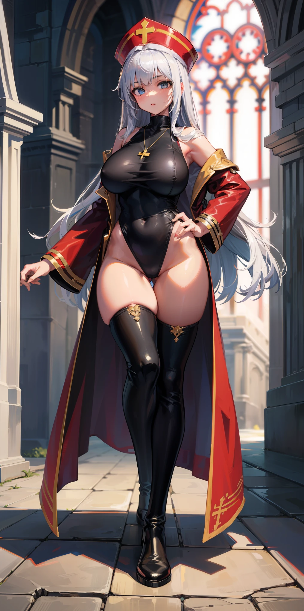 (Masterpiece, best quality), (highres, ultra-detailed), ( perfect anatomy), outdoors, 1girl, solo, dress, sela, large breasts, tan, necklace, white sleeves, thighhighs, muscular, thighs, full body, priestess, church, religous, pants, coat, pullover, boots, body suit, bigdress, big robe,black body suit, HIGH BOOTS, feet together, toe to head
