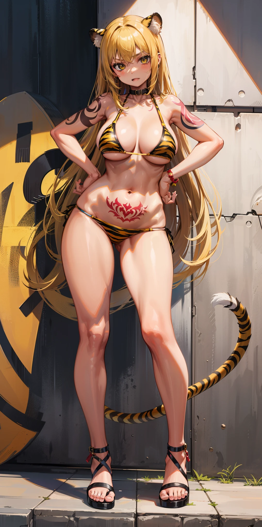 1 girl, bare shoulders, wearing a yellow tiger bikini, metal sandals, strong body, red tattoo under stomach, navel