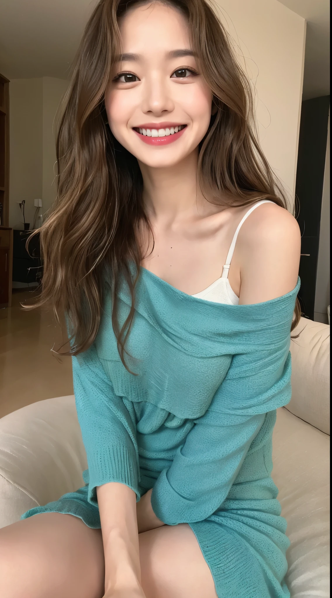 ((highest quality, 8K, masterpiece:1.3)), concentrate:1.2, beautiful woman with perfect figure:1.4, , ((large wavy curls,cut hair in layers, beautiful breasts:1.2)), (a seductive smile), , Highly detailed face and skin texture, fine eyes, double eyelid,whiten skin,long hair, , ((Tight knit dress color is blue green)) ,(,legs spread, siting grin )