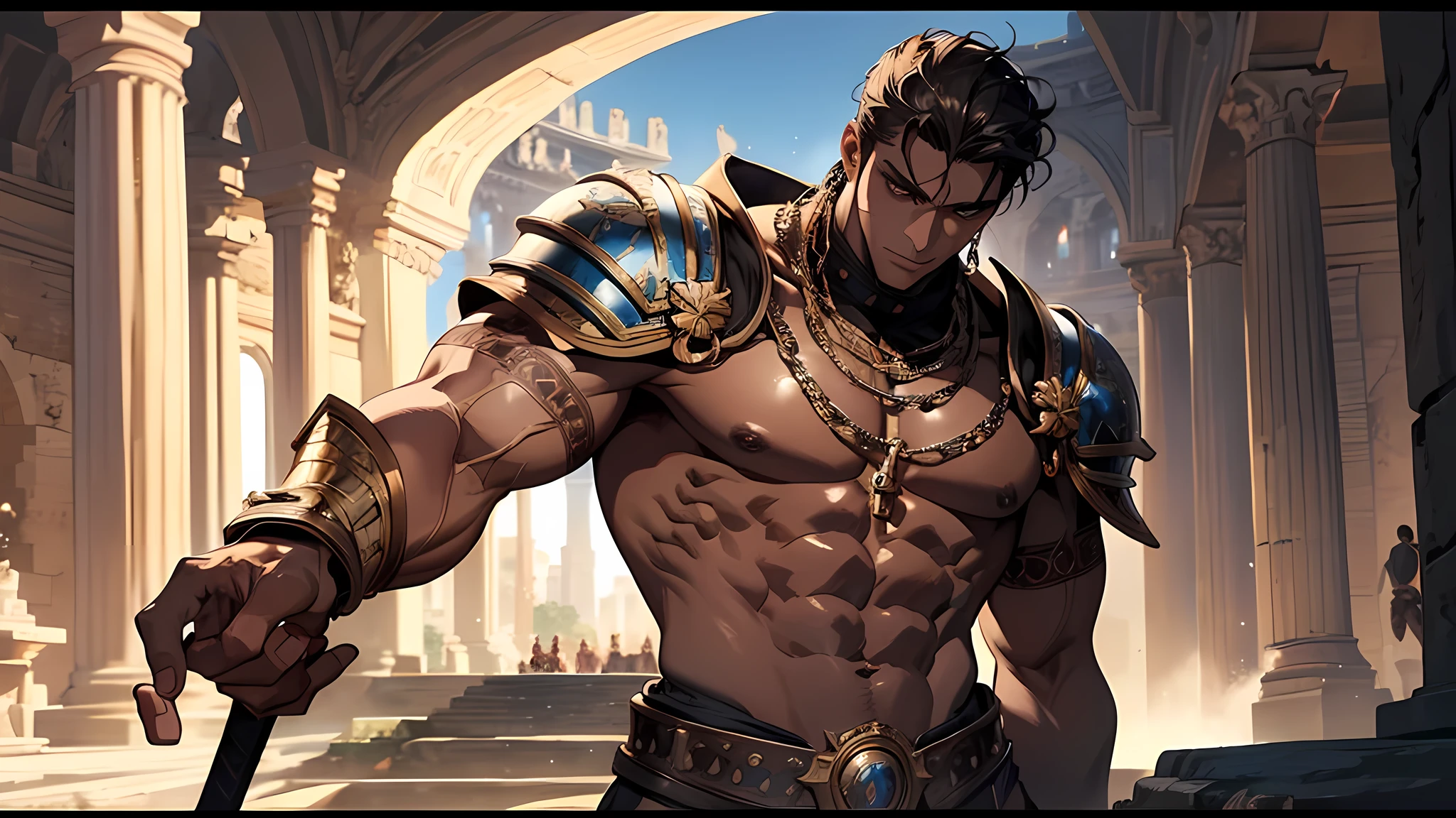 Muscular gladiator, upper body revealed, legs uncovered from thighs to feet, intricate muscular details, dark skin, photorealistic artwork, 4K resolution. Background: Ancient Roman arena,32k uhd, best quality, masterpiece, super detail, high details, In the man’s hands, who sported a muscular body, was an iron ball connected to a chain.