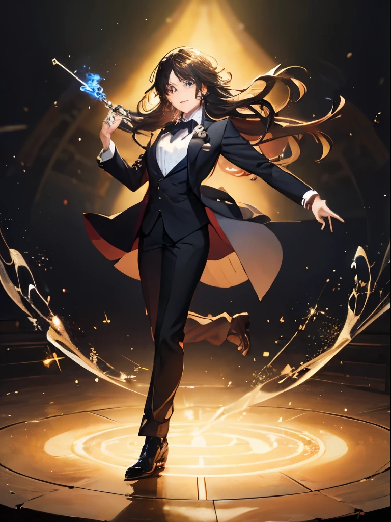 (confused, High resolution, Super detailed, realistic, ), One male crossdresser wearing a black tuxedo, Backlight, positive, looking at the audience, blue eyes, high school student, redhead, long hair, bright smile, throb, Activities of the Ministry, black pants, whole body, concert, Spotlight,(bioluminescence:1.2), small breasts, Play gracefully, (Musical notes that float like magic), (vibrant:1.2)