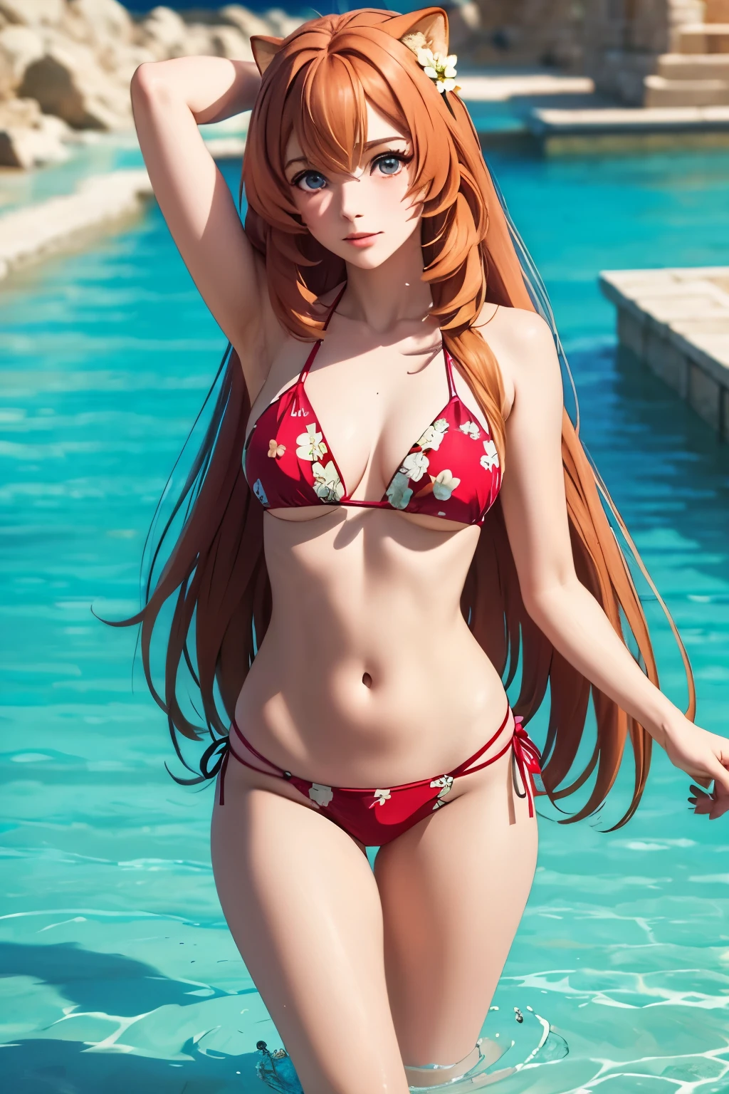 raphtalia. beautiful woman 24 years old bright detailed clear skin, ojos rojos detallados . cabello naranja. orejas de animal redondas, bikini rosado con flores, pechos grandes, cuerpo mojado, sonrisa amplia, fondo playa. soleada. bikini rosado con flores . gotas de agua en su cuerpo, orejas de animal redondeadas. bikini azul claro. ojos rojos pechos grandes. pechos grande. pechos enormes. gotas de agua en sus pechos  pose sexy.  cola de animal