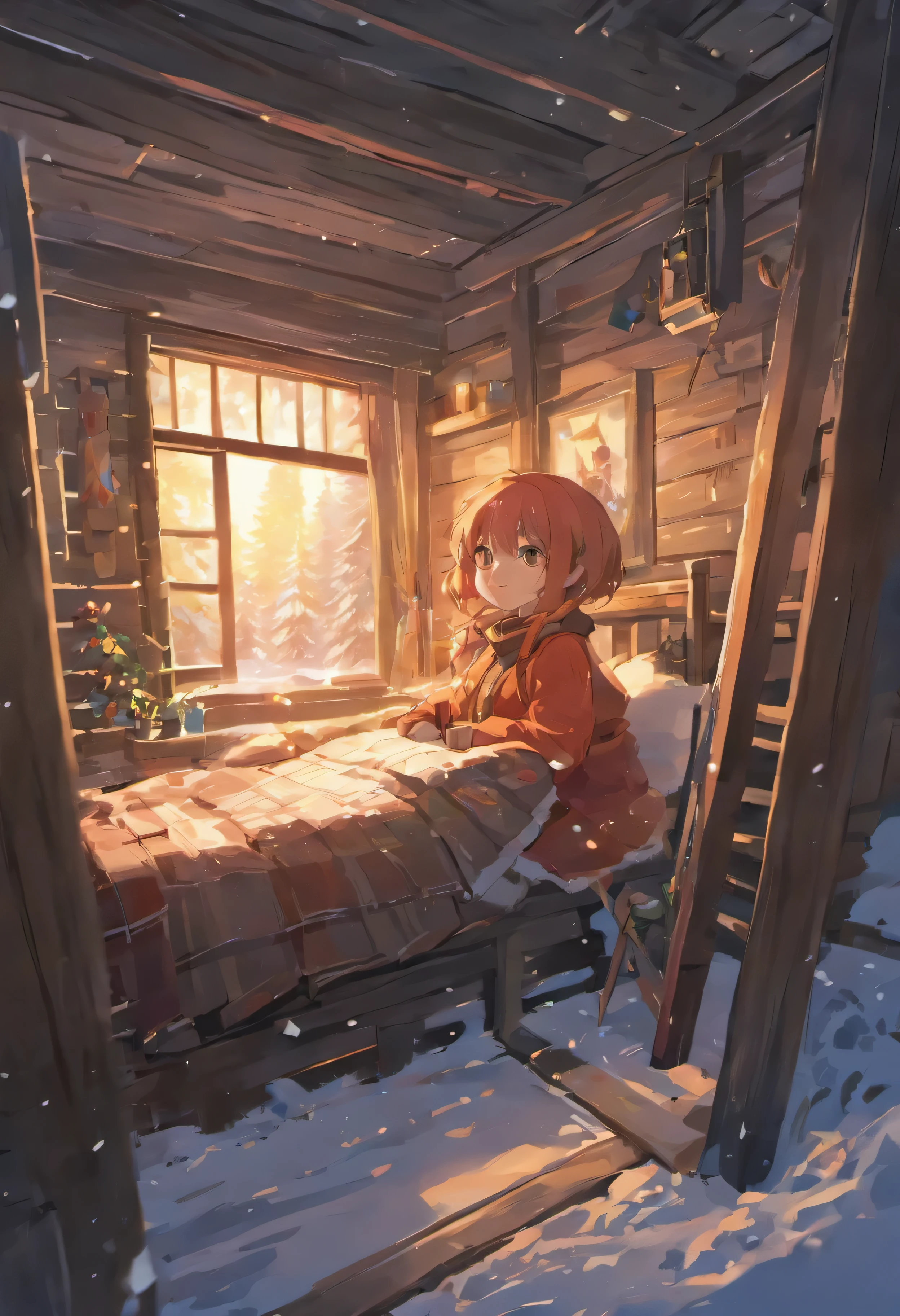 Create a digital illustration of a cosy cabin nestled in a snowy forest. Emphasize the warmth and comfort of the cabin with soft lights glowing from the windows. Add subtle details like smoke from the chimney, inviting viewers to imagine the cosiness inside., Abstract expressionism, anime style, cinematic lighting, glowing light, UHD, ccurate, best quality, 4K, 8k, highres, high details