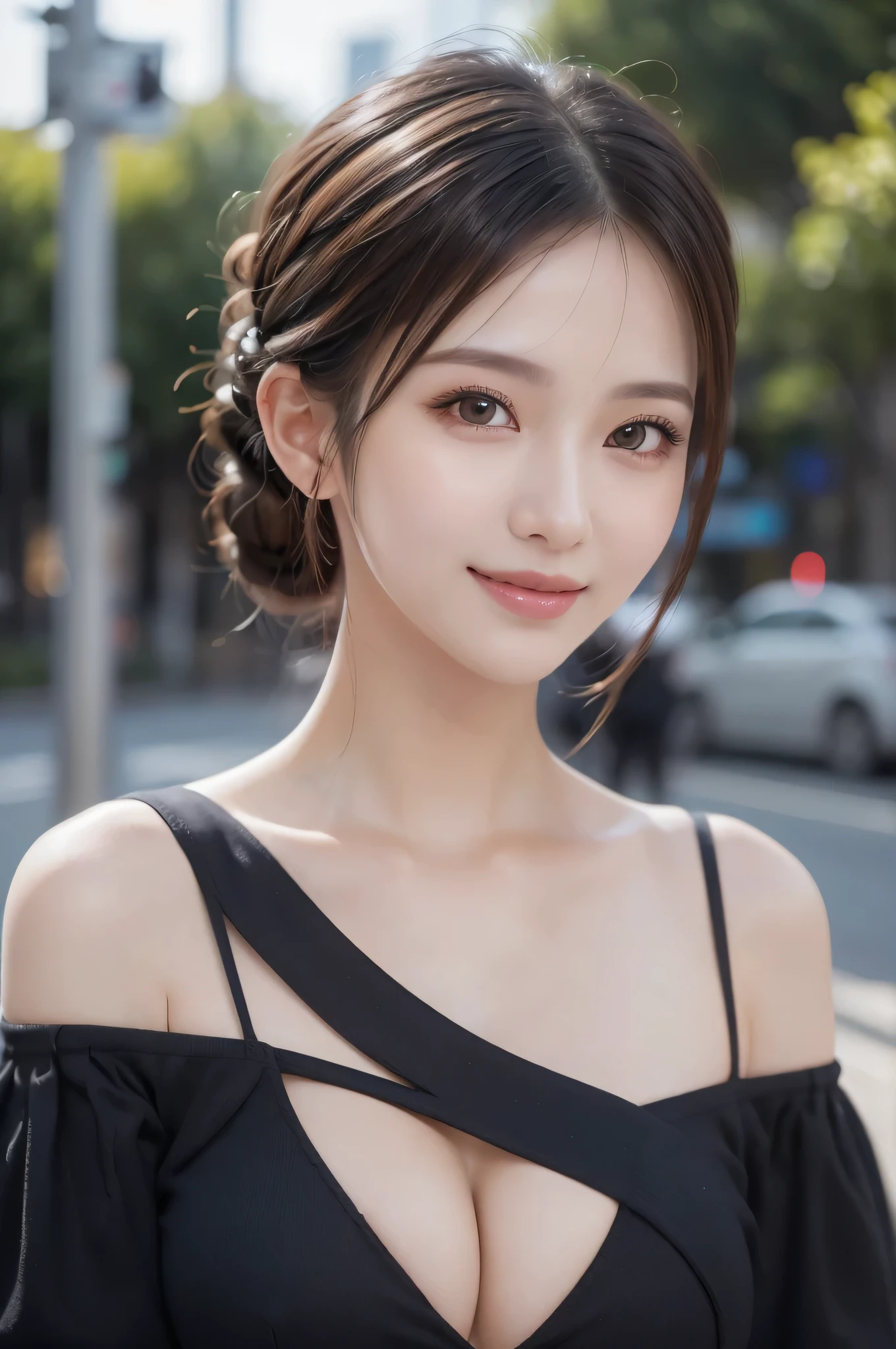 1woman, Updo hairstyle, (Ultra realistic, high res), (highly detailed eyes, highly detailed hair, highly detailed face, highly detailed plump lips), (off shoulder with open breasts), breasts, upper body, caute smile, (best quality:1.4), Raw photo, (realistic, photo-realistic:1.37), professional photography, cinematic light, (fine face: 1.2),