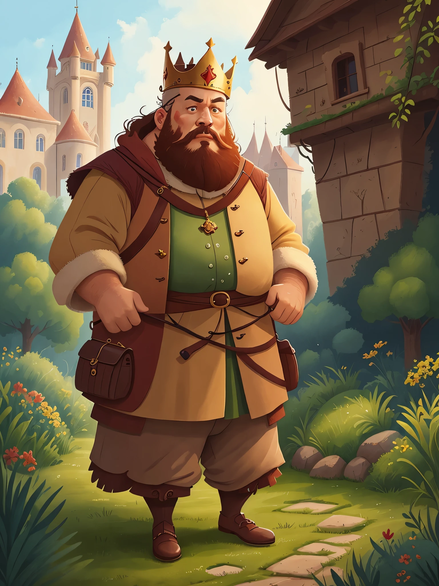 (A king wearing a crown stood in front of the palace, with heavy colored short hair, a beard, a fat king, and a full body:1.5),High definition, detailed, ultra detailed,Medieval Europe, medieval clothing, watercolor, medieval style,