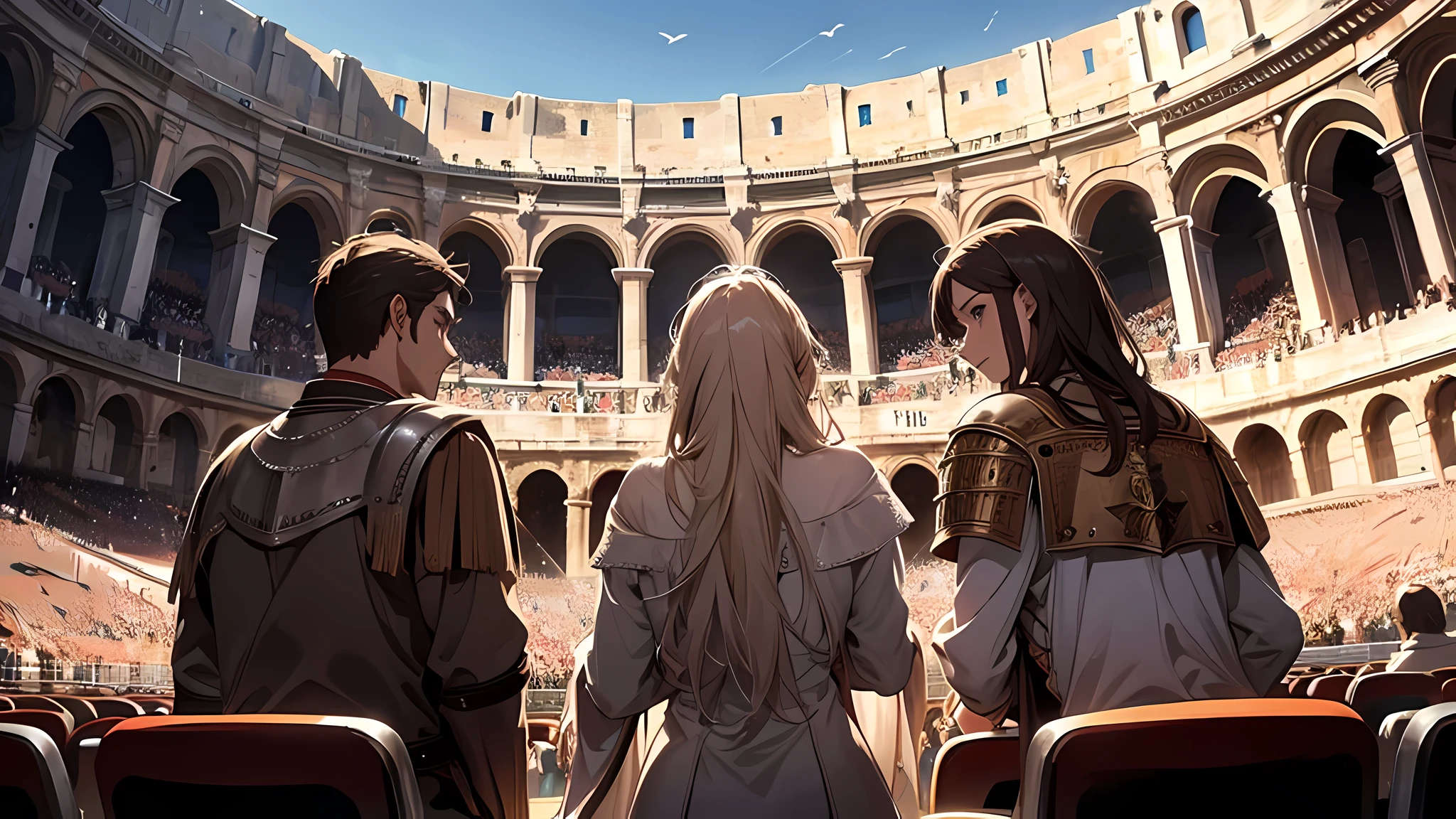 gladiator, spectators, cheering from their seat, medieval time, colloseum, The audience start murmuring
