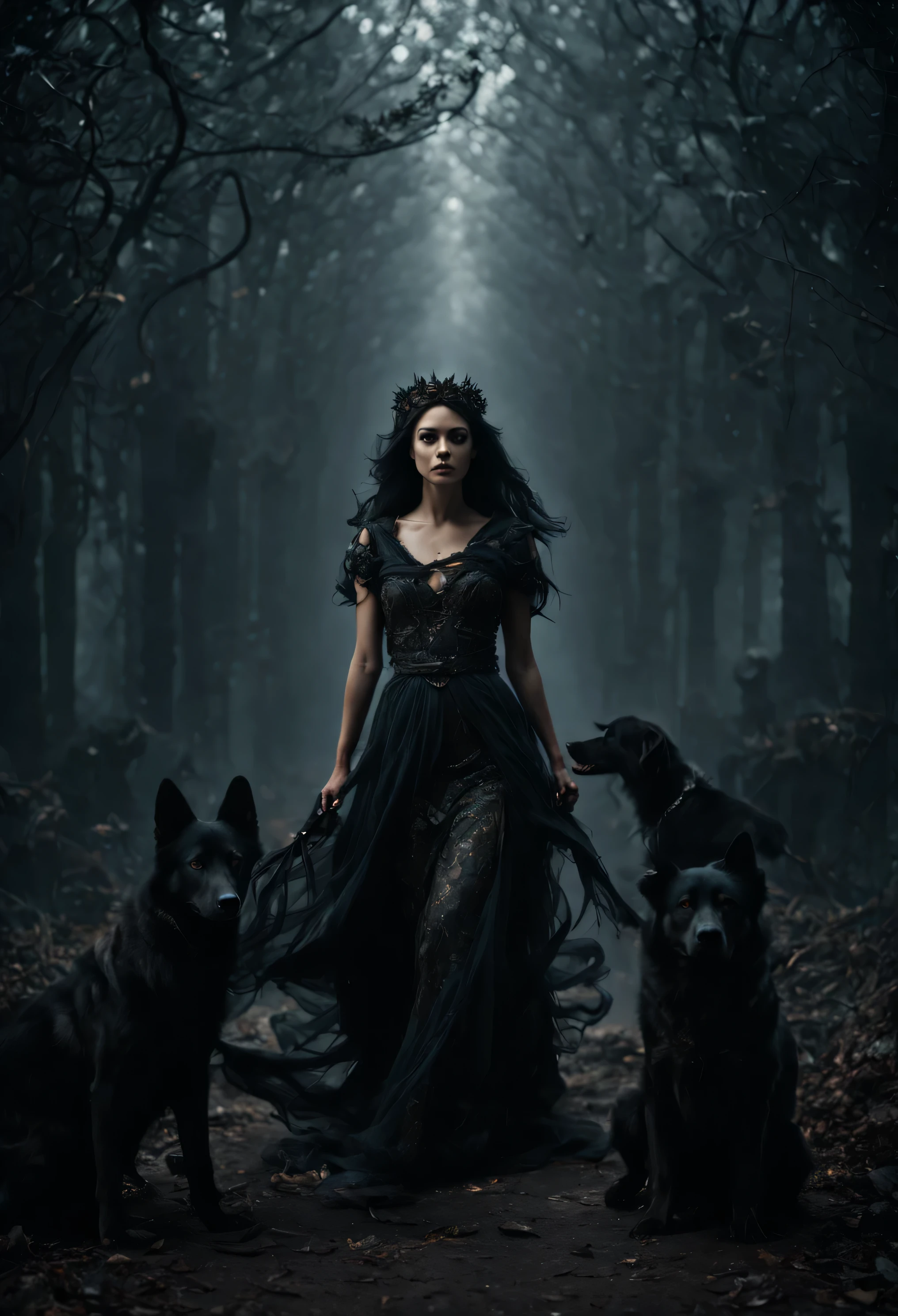 Experience the duality of Hecate, the goddess of light and darkness. With her loyal dogs and powerful magic, she walks the line between good and evil, showing compassion and loyalty to those who follow her. High quality, high resolution, cinematic, dark, vapor, abandoned, conceptual hyper-aesthetic dramatic ambience. 16k, extreme detail, fine textures, ((dark shadows)), dark, sharp lines, ((time the revelatory)), vivid colors. beautiful. revealing.  masterpiece.  vibrant.  (back lighting).  (void:1.2). (perspective:1.3).  (wind:1.1).  (tang:1.1). (time:1.4). (decay:1.3). (fog:1.1). (ruin:1.1) Shot on a Hasselblad high format camera with a 100mm lens, this portrait is a stunning example of visual storytelling, this cinematic. (35mm, F/2.8) Photo Focus, DOF, Aperture, and hyper-maximalist rendering bring this scene to life in stunning detail. This image captures every nuance and expression, It's a stunningly realistic and visually descriptive piece. The composition is expertly crafted, with global illumination adding a sense of depth and dimension.