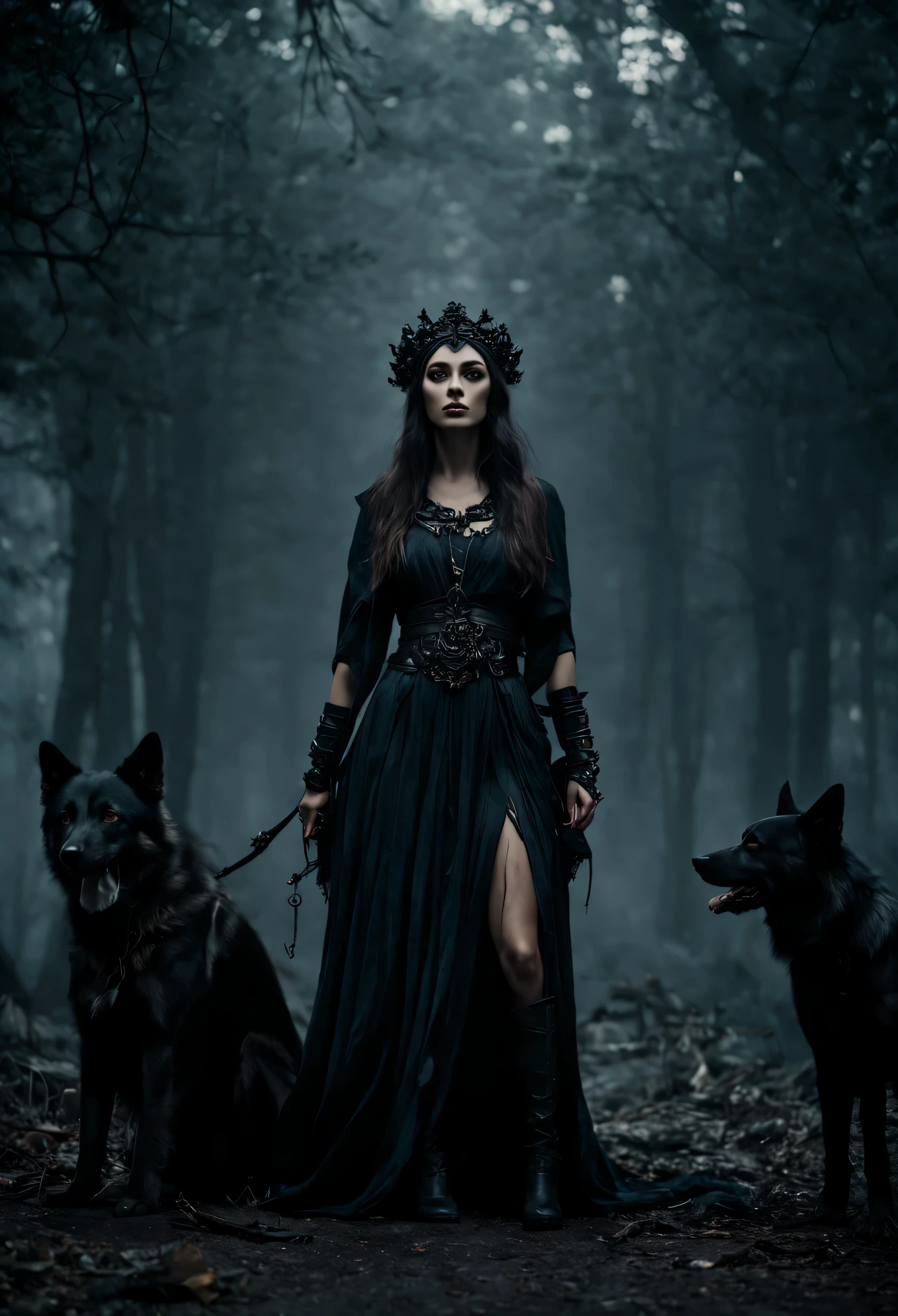 Experience the duality of Hecate, the goddess of light and darkness. With her loyal dogs and powerful magic, she walks the line between good and evil, showing compassion and loyalty to those who follow her. High quality, high resolution, cinematic, dark, vapor, abandoned, conceptual hyper-aesthetic dramatic ambience. 16k, extreme detail, fine textures, ((dark shadows)), dark, sharp lines, ((time the revelatory)), vivid colors. beautiful. revealing. masterpiece. vibrant. (back lighting). (void:1.2). (perspective:1.3). (wind:1.1). (tang:1.1). (time:1.4). (decay:1.3). (fog:1.1). (ruin:1.1) Shot on a Hasselblad high format camera with a 100mm lens, this portrait is a stunning example of visual storytelling, this cinematic. (35mm, F/2.8) Photo Focus, DOF, Aperture, and hyper-maximalist rendering bring this scene to life in stunning detail. This image captures every nuance and expression, It's a stunningly realistic and visually descriptive piece. The composition is expertly crafted, with global illumination adding a sense of depth and dimension.