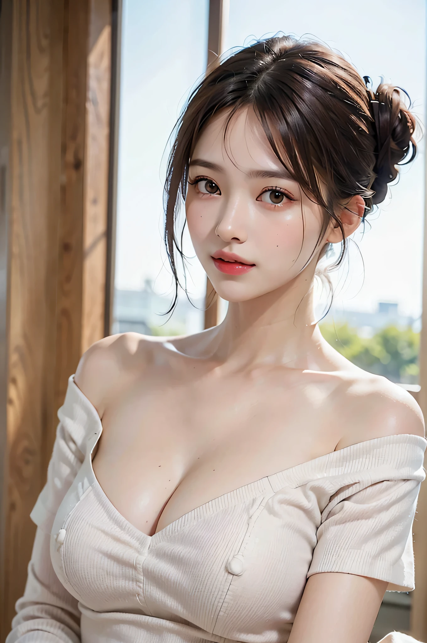 1woman, Updo hairstyle, (Ultra realistic, high res), (highly detailed eyes, highly detailed hair, highly detailed face, highly detailed plump lips), (off shoulder with open breasts), breasts, upper body, caute smile, (best quality:1.4), Raw photo, (realistic, photo-realistic:1.37), professional photography, cinematic light, (fine face: 1.2),