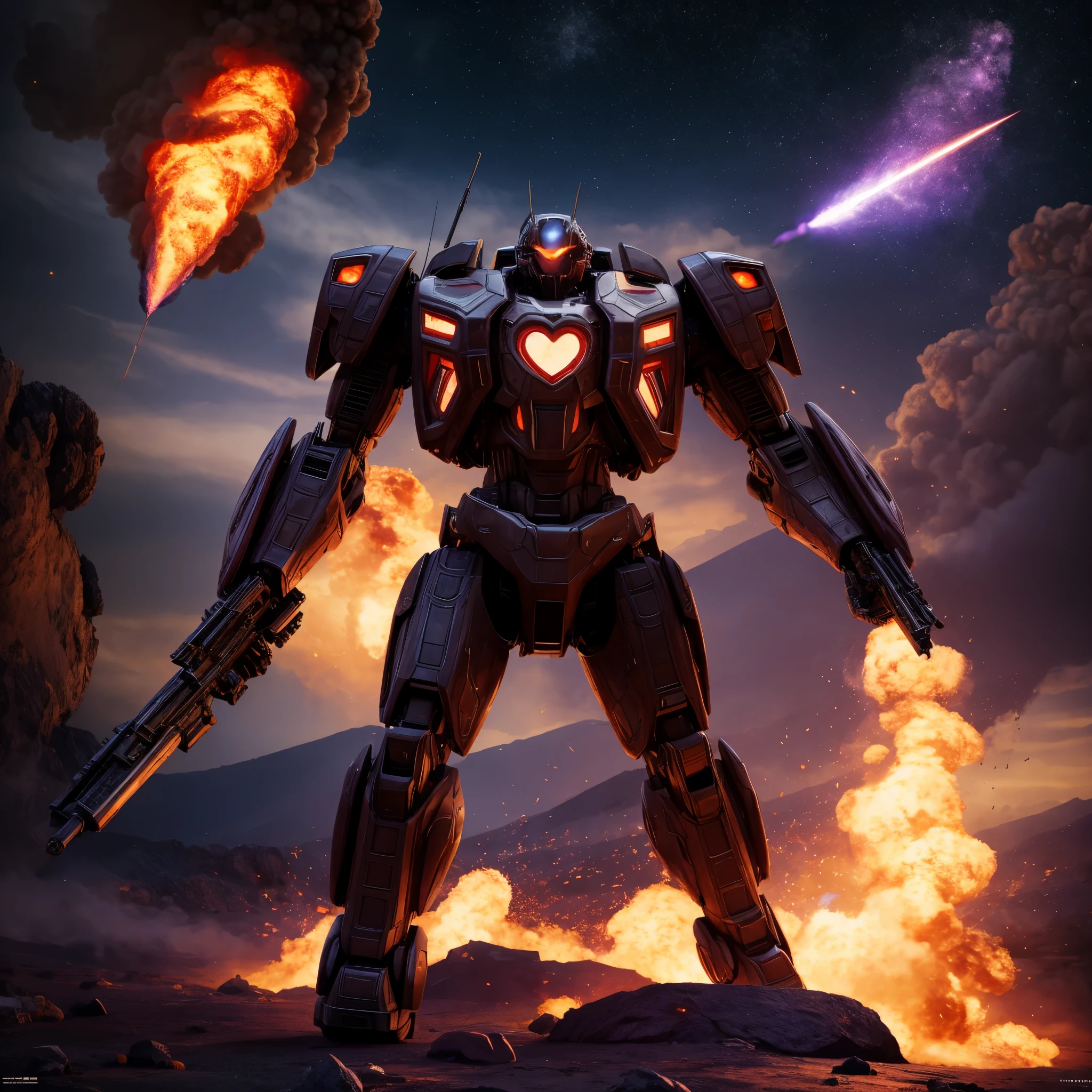 (best quality,4k,8k,highres,masterpiece:1.2),ultra-detailed,(realistic,photorealistic,photo-realistic:1.37), battle mech, purple, heart themed symbols, powerful love gun, action pose, volcanic asteroid, mechanical, futuristic, metallic, dynamic lighting, smoke effects, intense colors, explosive atmosphere