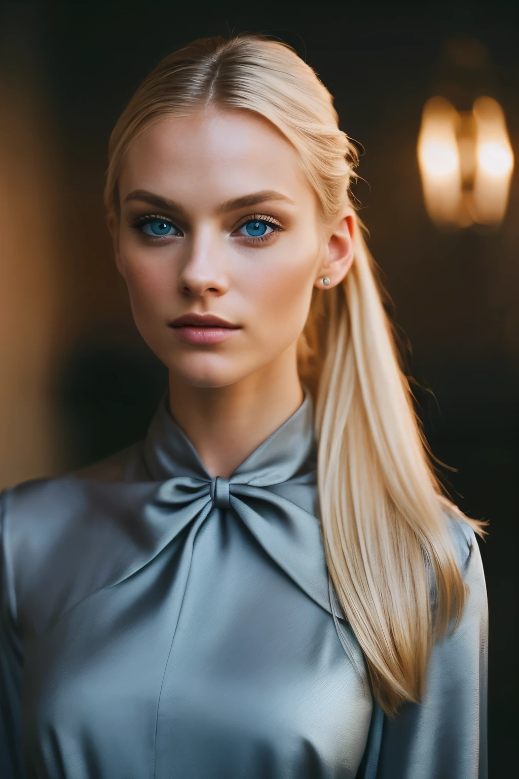 A beautiful blond woman with dark dress and light blue eyes is captured in this cinematic photograph. Her dark blond hair, worn straight and tied in a sleek ponytail, cascades down her back. Her perfect face, adorned with ultra realistic and perfectly defined eyes, shines in the evocative pose. The full shot of this sexy and seductive woman showcases her perfect body, with intricate details and hyperdetailed textures.

The photograph, taken in a volumetric lighting style, exhibits cinematic lighting with a foggy background, creating an atmospheric and wondrous scene. Shot on Fujifilm Superia 400 using a 