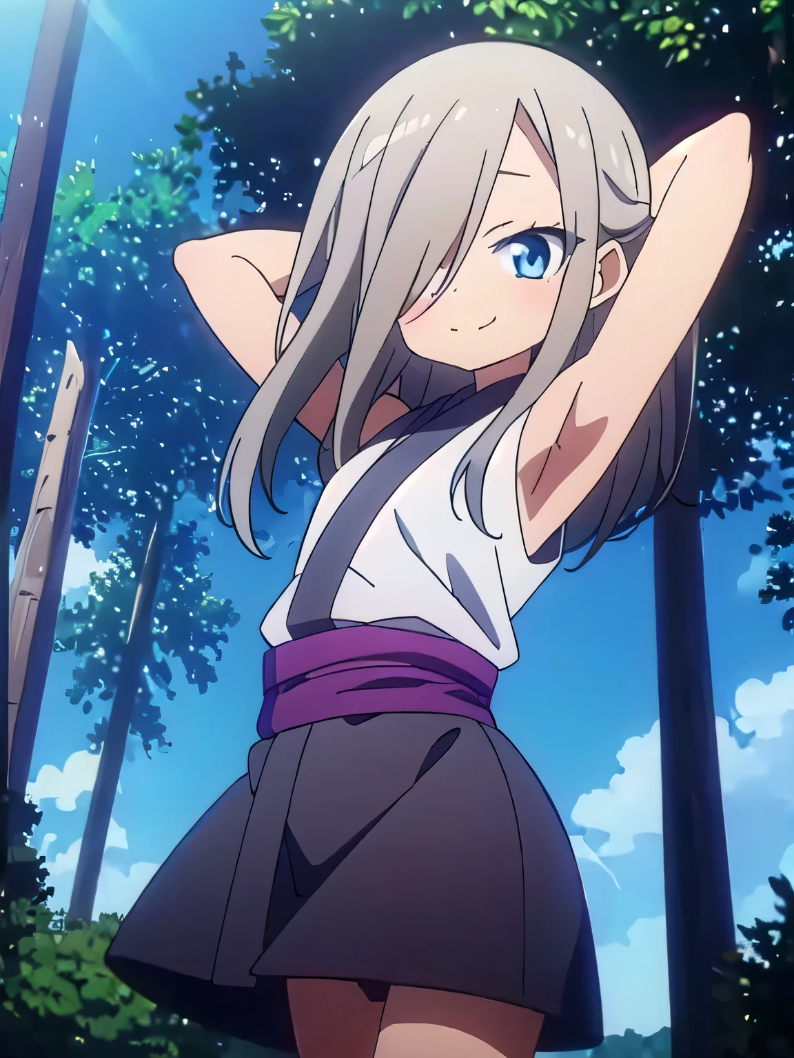 kunoichi_hototogisu, blue eyes, gray hair, long hair, hair over one eye, anime, closed mouth, solo, cowboy shot, night sky, forest, {arms behind head}, contrapposto, shy smile, spread armpits, shy smile,