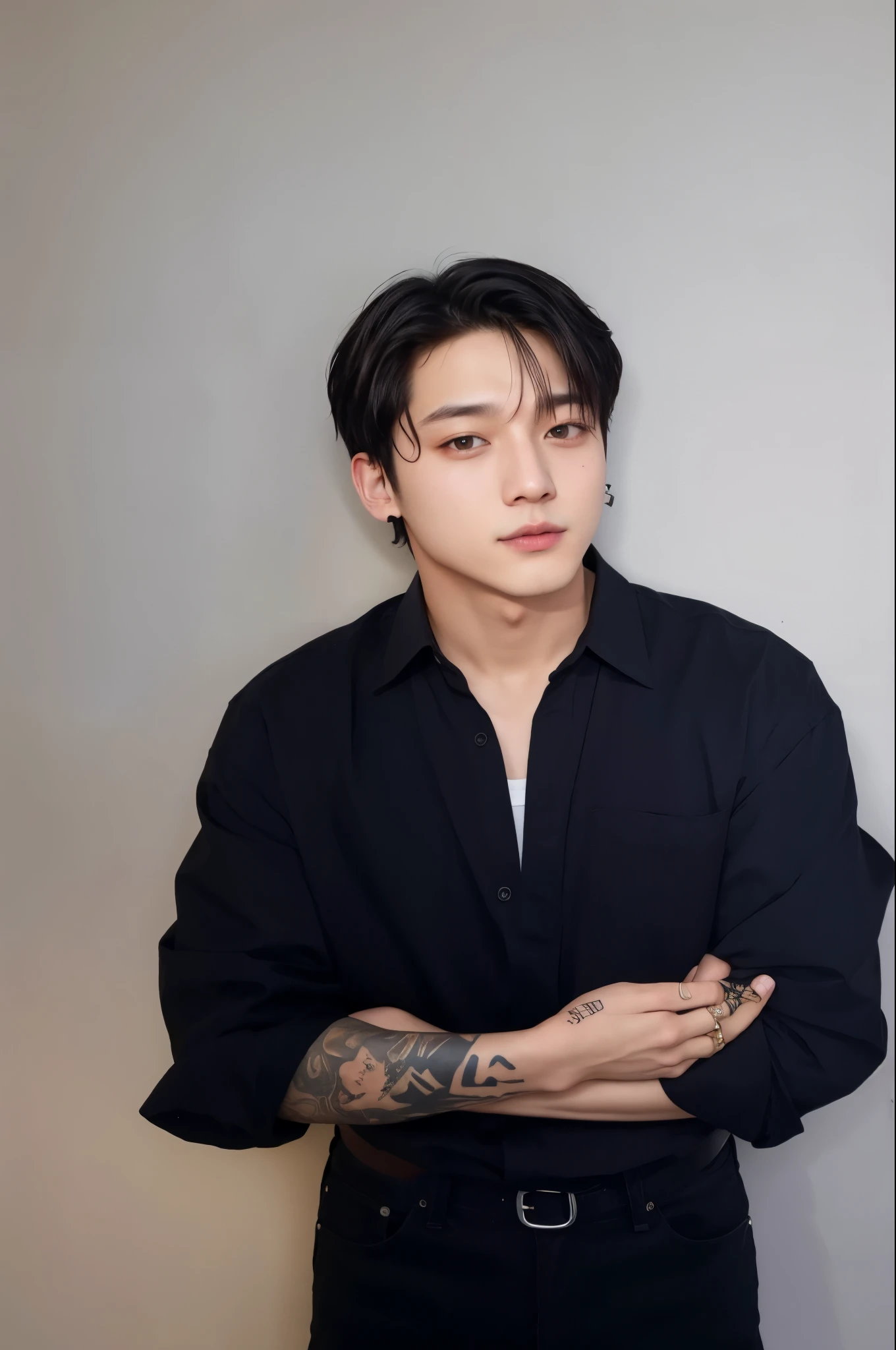 there is a man with tattoos standing next to a wall, taejune kim, hyung tae, inspired by Kim Hwan-gi, jungkook, south korean male, hyung tae kim, hong june hyung, inspired by Joong Keun Lee, korean artist, jinyoung shin, seseon yoon, hyung - tae kim, hyung-tae kim, ji-min