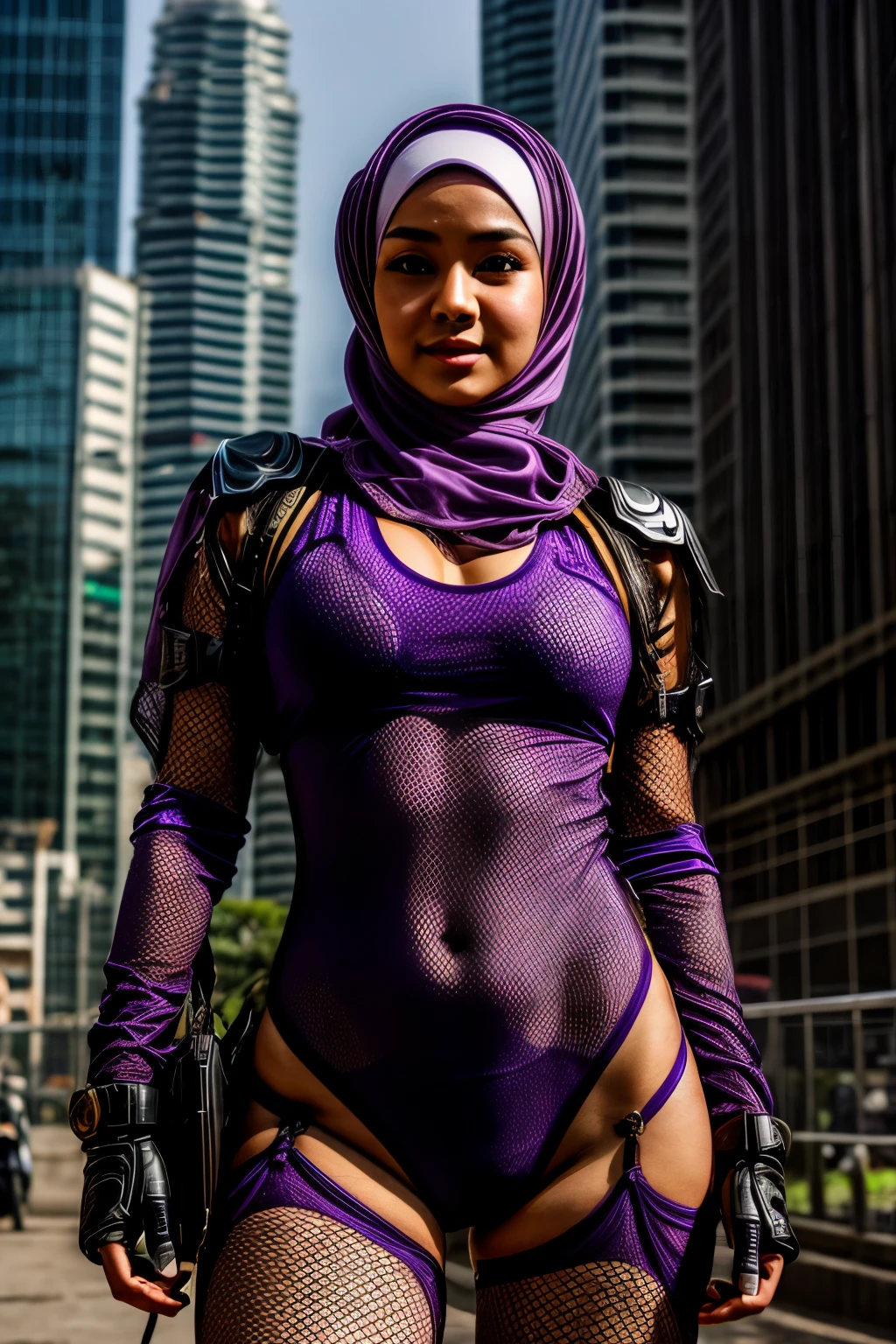 (a busty malaysian woman (age 20), sexy, fishnet translucent bodysuit, hijab), she is posing near her (purple combat mech, heat themed symbols), in city