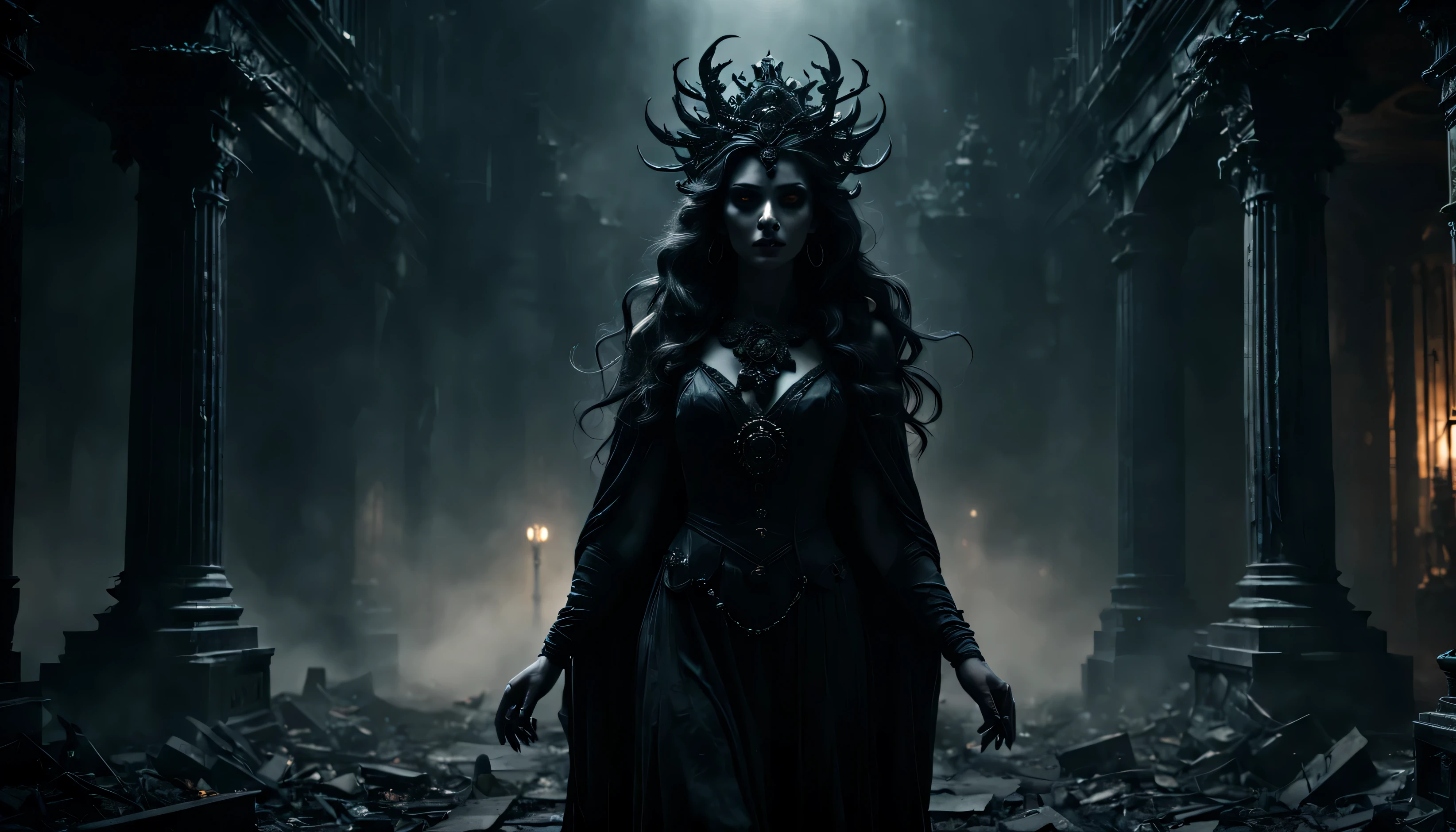 Witness the enigmatic Hecate, the goddess of the unknown. Her dark beauty and powerful presence command respect, as she guides her followers through the shadows of the night. High quality, high resolution, cinematic, dark, vapor, abandoned, conceptual hyper-aesthetic dramatic ambience. 16k, extreme detail, fine textures, ((dark shadows)), dark, sharp lines, ((time the revelatory)), vivid colors. beautiful. revealing.  masterpiece.  vibrant.  (back lighting).  (void:1.2). (perspective:1.3).  (wind:1.1).  (tang:1.1). (time:1.4). (decay:1.3). (fog:1.1). (ruin:1.1) Shot on a Hasselblad high format camera with a 100mm lens, this portrait is a stunning example of visual storytelling, this cinematic. (35mm, F/2.8) Photo Focus, DOF, Aperture, and hyper-maximalist rendering bring this scene to life in stunning detail. This image captures every nuance and expression, It's a stunningly realistic and visually descriptive piece. The composition is expertly crafted, with global illumination adding a sense of depth and dimension.