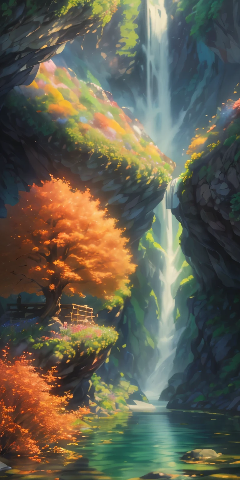 A girl in a garden, autumn scenery with colorful leaves, a dense forest, a serene lake, a cave on the mountain, a cascading waterfall, a majestic tree, a beautiful grassland, rocky formations, a hot spring, water ripples, (inspiration: 1.0), an epic masterpiece, realistic lighting, ultra-high definition details, a masterpiece, (best quality, 4k, 8k, highres, masterpiece:1.2), incredible realistic CG renderings in 8k resolution