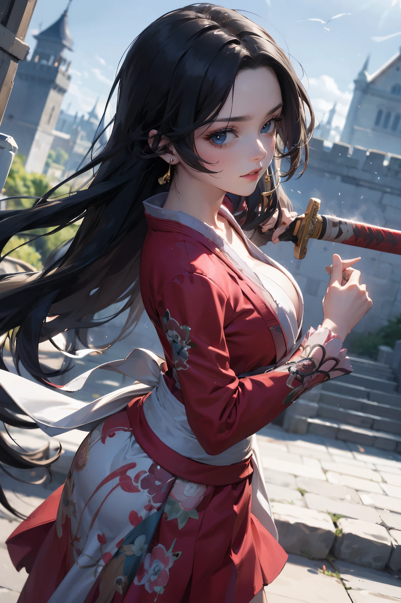 masterpiece, Best Quality, absurderes, Perfect Anatomy, Unity 8k Wallpapers,best anime,dynamic angle、action pose:cutting action、cowboy shot,20 year old beauty、boa hancock,black hair,long hair,center parted bangs,slender body,large breasts,Turn your body to the viewer、waitress,plain red kimono、Red pleated mini skirt、1Hold a real sword with both hands、A precise and accurately drawn sword、fight with one sword、outdoor、japanese castle、