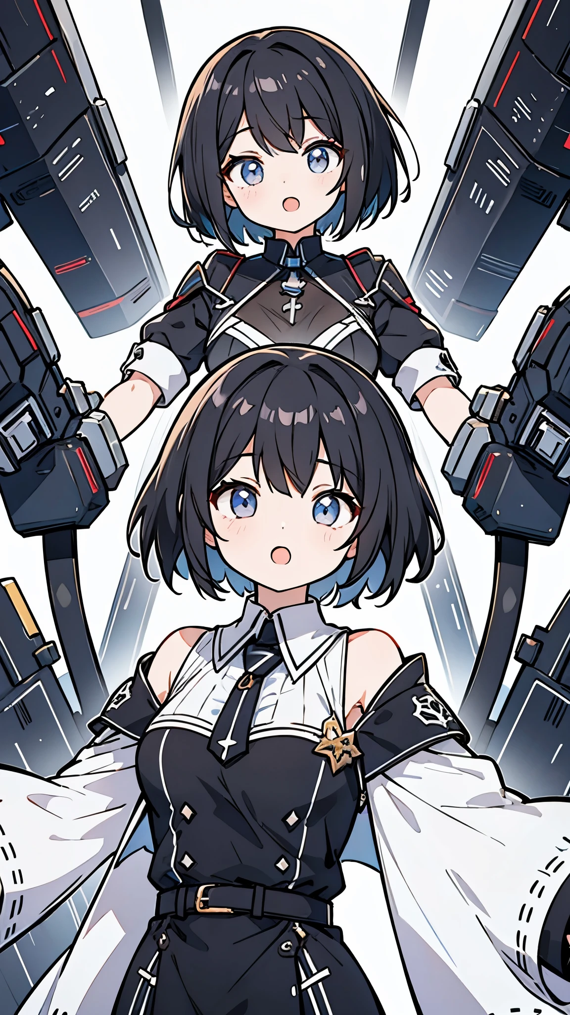 black hair、short hair、background is white、view audience、open your mouth、High quality、upright、Virtual YouTuber、solo、1 girl