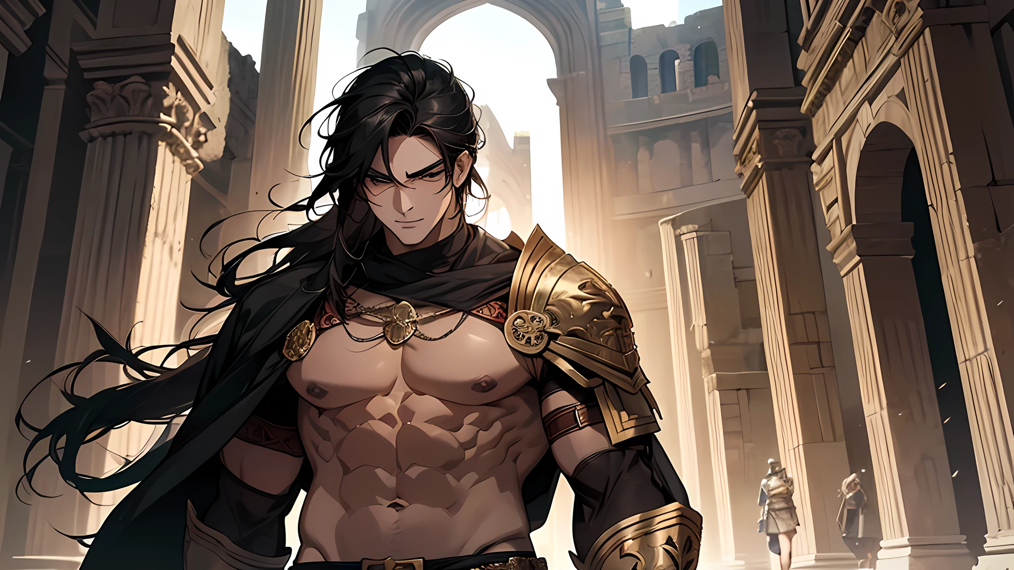 Muscular young man, wearing tiger mask in face, tiger face, holding sword, upper body revealed, in a center of colloseum arena, gladiator, legs uncovered from thighs to feet, intricate muscular details, long black hair tied up, A swordsman, also alone, walked out, but from the western gate.
