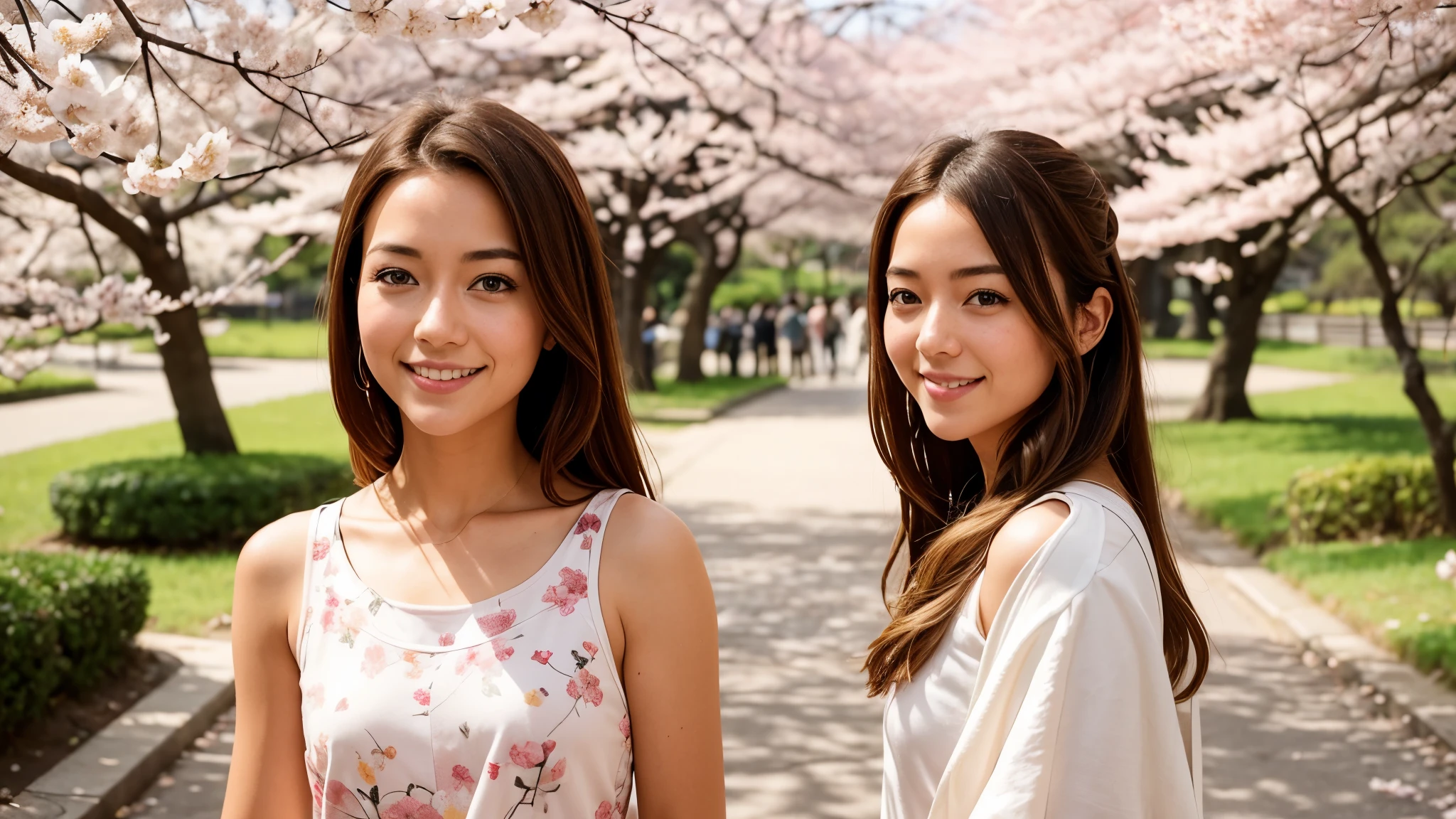 Instagram pictures, a girl, Shoulder length hair, Has light blonde hair, Close-up photo, Take a walk in the park with cherry blossoms, Japan, smile a little,