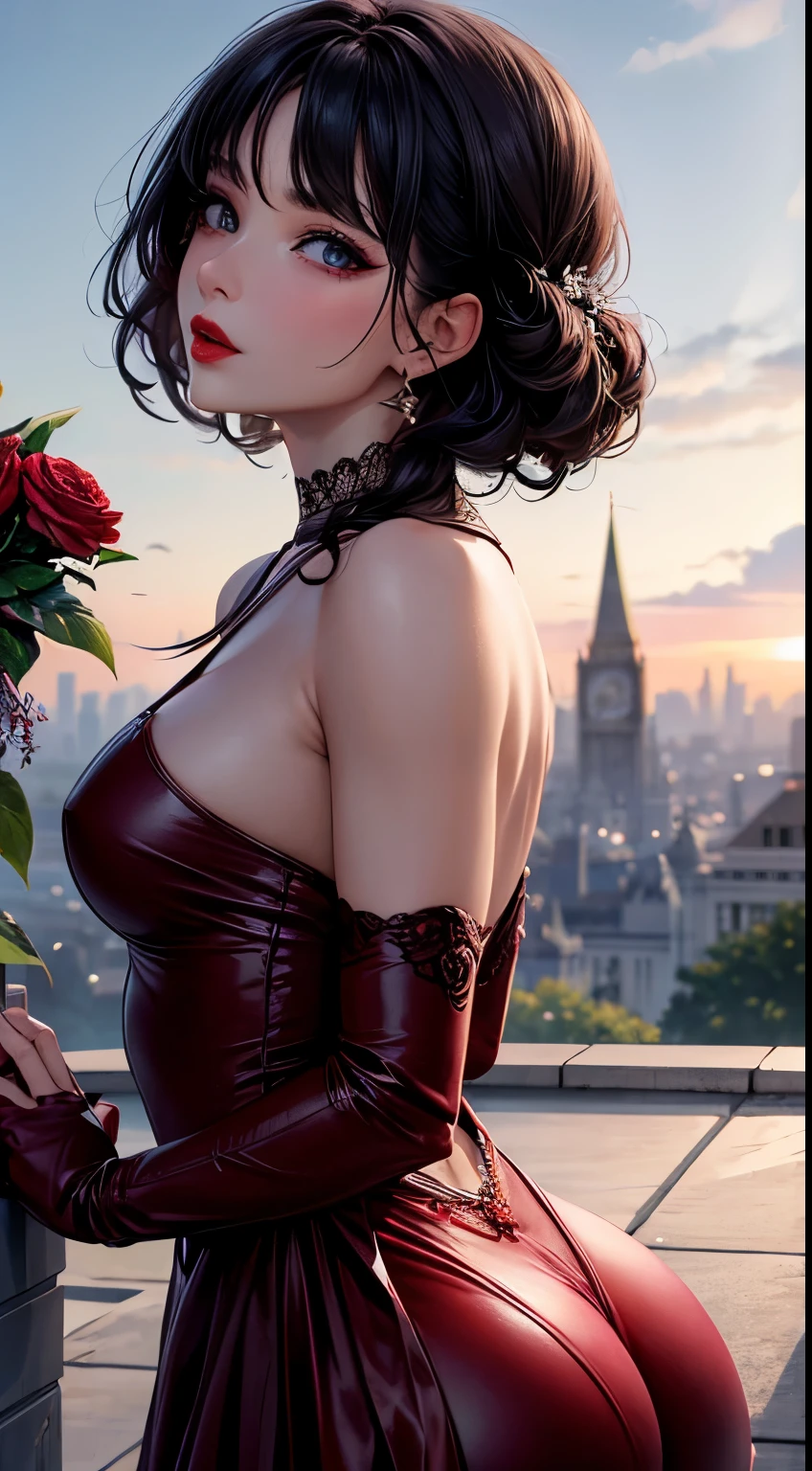 Woman, 30 years, romantic clothes, makeup, red lips, cinematic lighting, bloom, bokeh, from above, UHD, masterpiece, textured skin, super detail, high quality, seductive posture, butt, magic effects, flowers