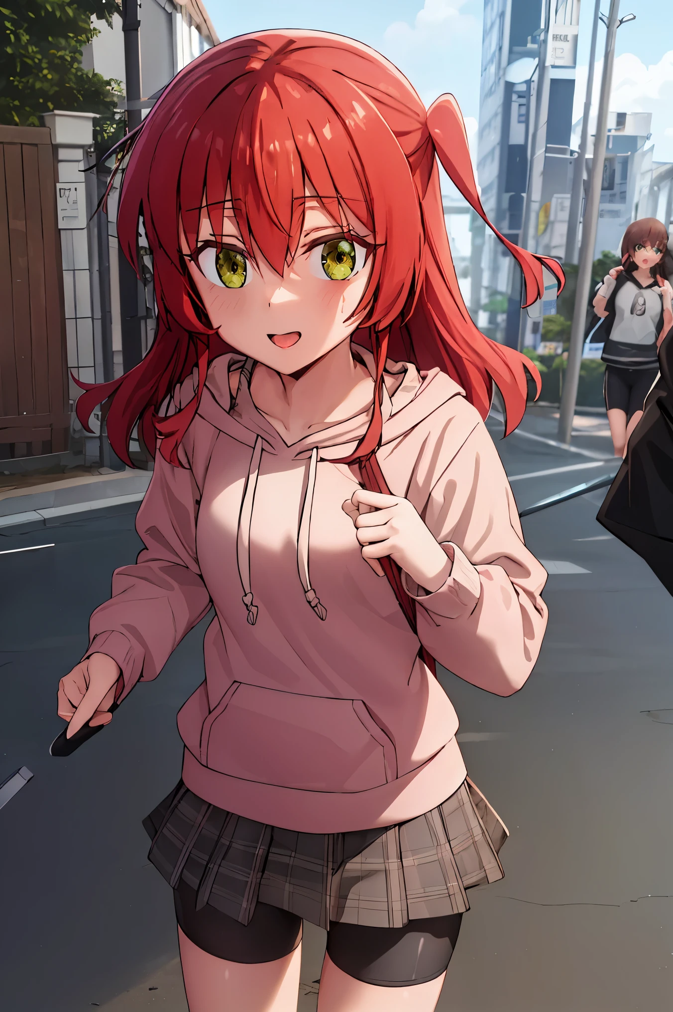 1 girl, hdr, ikuyo kita, red hair, one side up, long hair, green eyes, hoodie, pink hoodie, long sleeves, brown skirt, plaid skirt, bike shorts, black bike shorts, standing, pov, open mouth, looking at viewers, 