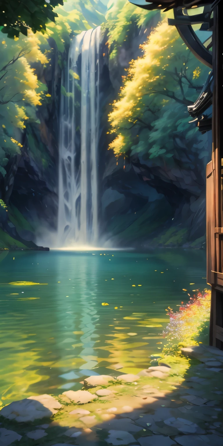 China、Cope with high temperatures、autumn scenery、ginkgo leaf、jungle、lake、hole in mountain、waterfall man,that tree、grassland、rock、hot springs、hydrosphere、(Enlightenment:1.0)、epic work、realistic light、High definition details、masterpiece、best quality,(Very detailed CG unified 8k wallpaper)