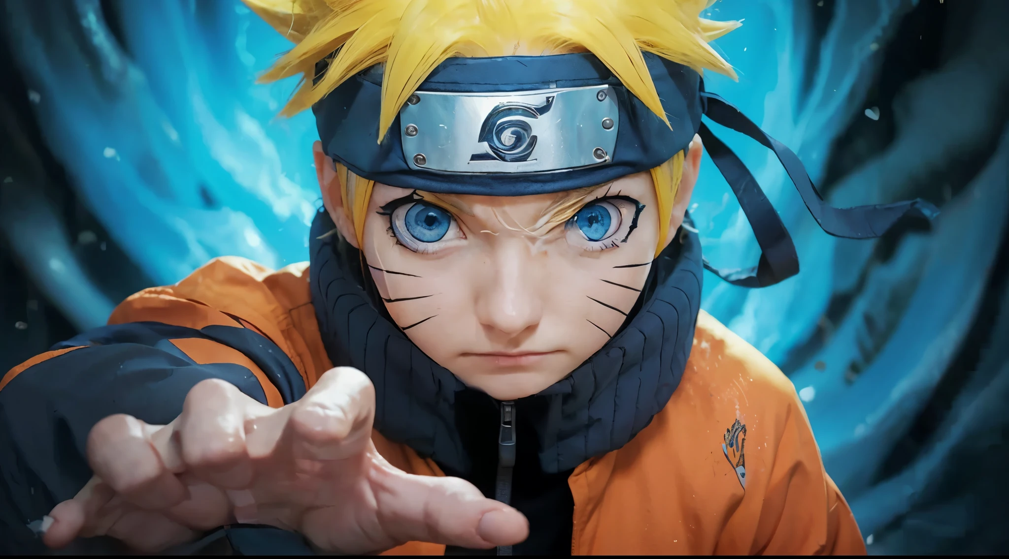 naruto realistic, real life, blue eyes, yellow hair, wearing orange jacket, blue energy aura