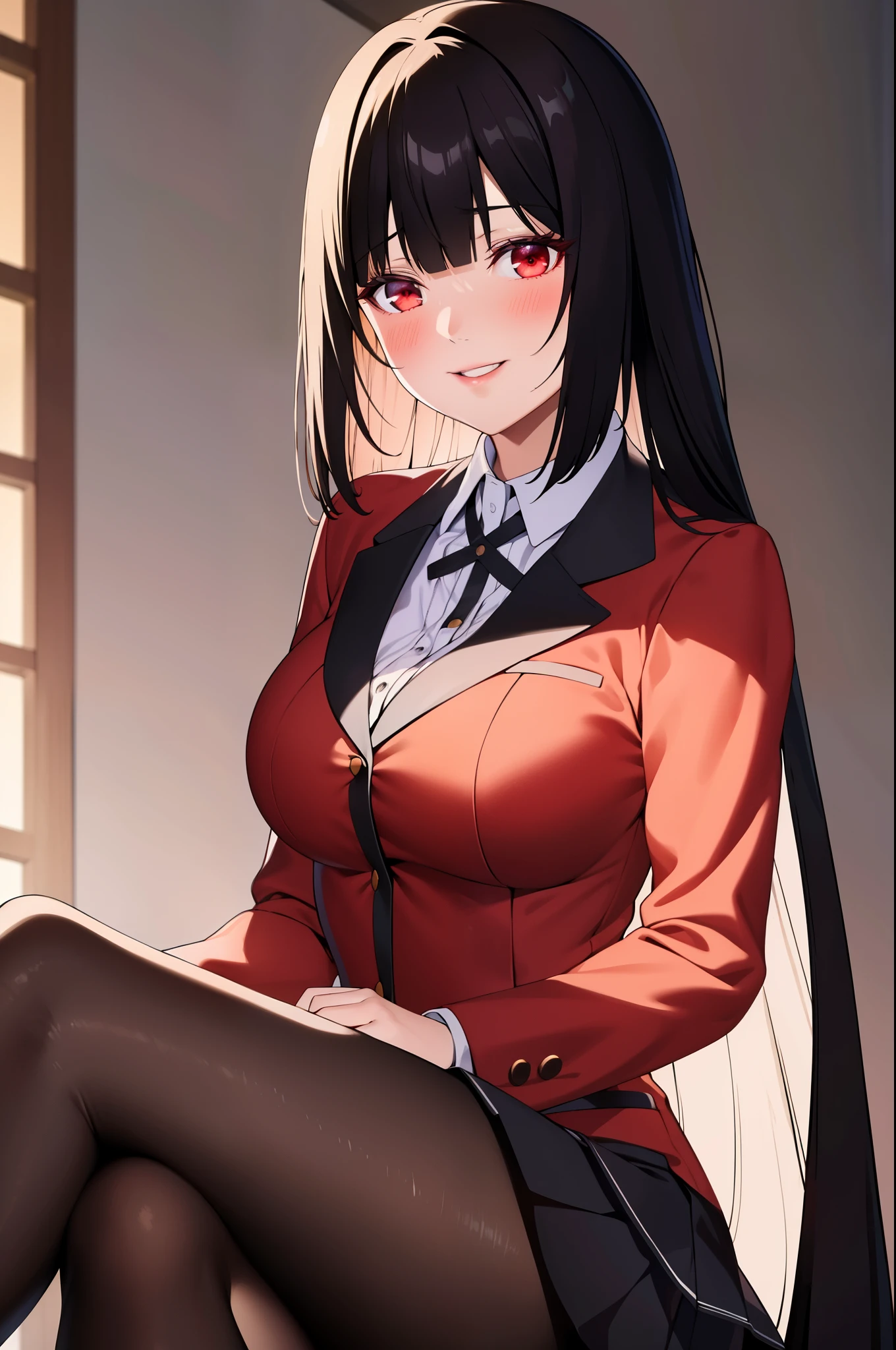 masterpiece, best quality, highres, hmjy1, long hair, blunt bangs, school uniform, red jacket, black pantyhose, white shirt, black ribbon, pleated skirt, long sleeves, cowboy shot, glowing eyes, blush, evil smile, sitting, classroom, dark background, crossed legs,