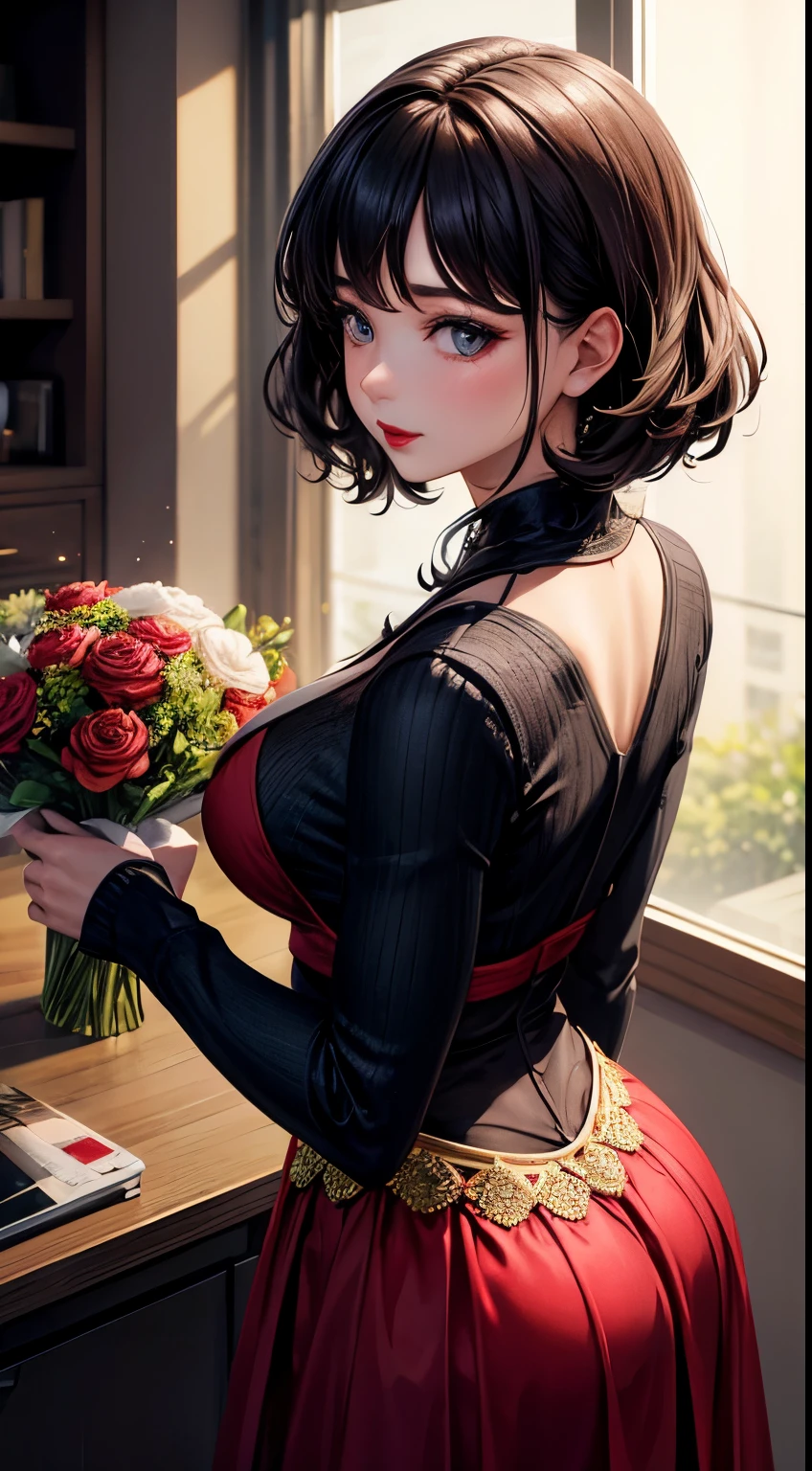 Woman, 30 years, romantic clothes, makeup, red lips, cinematic lighting, bloom, bokeh, from above, UHD, masterpiece, textured skin, super detail, high quality, seductive posture, butt, magic effects, flowers