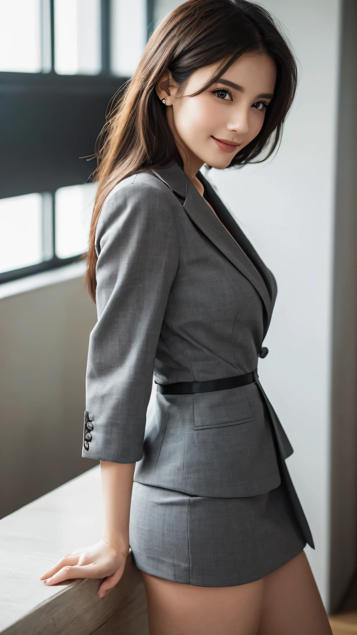 (1woman), Beautiful, Amazing face and eyes, makeup, (extremely detailed beautiful face), seducting smile, (Best Quality:1.4), (Ultra-detailed), (extremely detailed CG unified 8k wallpaper), Highly detailed, raw photos, Professional Photography, (Business Suit, Mini skirt:1.2), (Business shirt with wide open chest), (Spread legs), (view from below:1.2)