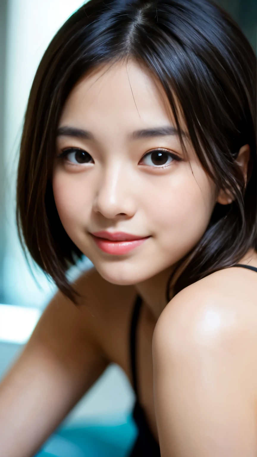 (((smile、Focus on the eyes:1.1、Extremely detailed:1.22、Ultra-high resolution、masterpiece:1.45、Highest quality)))、((((Whole body expression:1.68、camisole、Leaning forward、One person))))、long, straight black hair、So that every single hair is clearly visible、The subtle color changes of hair depending on how the light hits it、 Skin has a natural glow、Fine skin texture、Representing the fine details of pores:1.25、Details of the light redness on the forehead and cheeks、(((Eyes with fine iris details、The eyes depict color gradations and patterns.、Long, natural-looking eyelashes, each and every one visible、Well-groomed eyebrows、眉毛のindivual々The hair is clearly visible、Light reflecting off into the eye、The light in the eyes creates small highlights)))、The nose is delicate、Fine detail on the nostrils、Lips are plump and naturally pink、Depicts the fine lines and soft curves of the lips、lips are shiny and、The gloss on your lips accentuates their shape.、(((Detailed depiction of lip texture、Particular attention to the depiction of light and shadow、Soft natural light gently illuminates the face from the front、A faint glow on the forehead、A slight shine on the nose、A slight glow on the cheeks、Shadows are cast softly along the contours of the face、Accentuate the sides of your cheekbones、Accentuate the sides of the jawline、Emphasize the sides of the nose、The gloss on her lips reflects the light faintly、Lips emphasize the plump texture、The shadow of the hair gives depth and dimension、indivual々The hair shines in the light、
