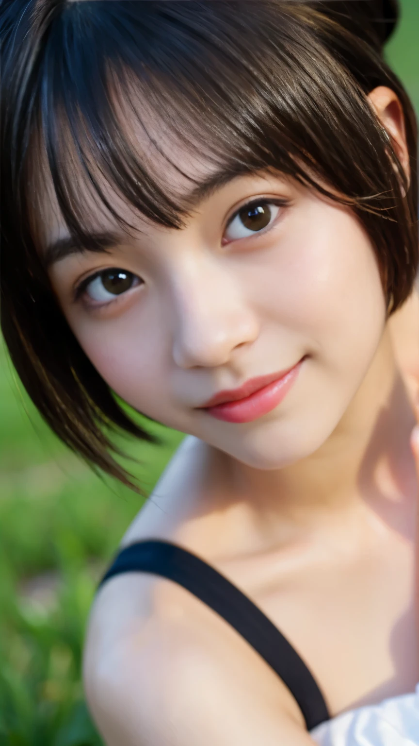 Best-quality, Masterpiece, Ultra-High-Resolution, (Photorealistic:1.4), Raw-Photo, 1girl, 12-years-old, the most famous Japanese idol, face-focus, extremely cute face like a most popular Japanese idol, ((extremely beautiful big-black-solid-circle-eyes)), extremely beautiful black-short-cut-haired, extremely beautiful long-eyelashes, extremely beautiful lips, extremely beautiful skins, innocent-smile