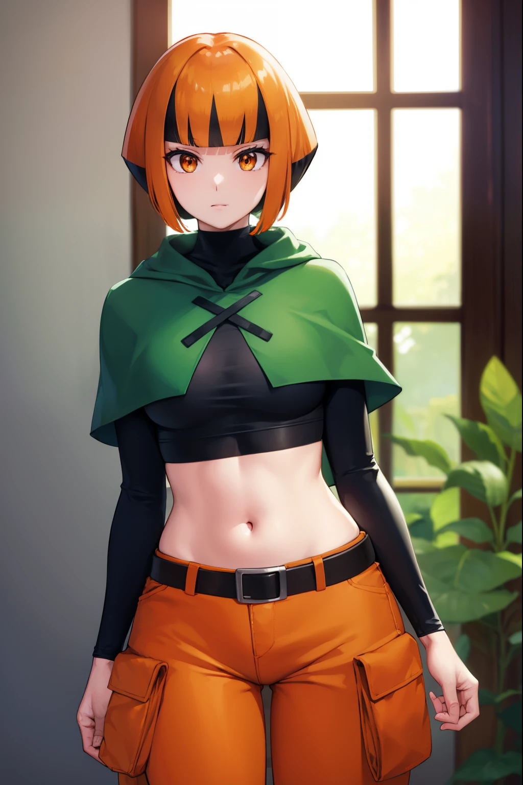 pokemongardenia, pokemongardenia, black hair, bob cut, multicolored hair, (orange eyes:1.5), orange hair, petals, short hair, two-tone hair,
BREAK belt, belt buckle, buckle, capelet, cargo shorts, midriff, navel, shorts, undershirt, long sleeves, green capelet, black undershirt,
BREAK looking at viewer, full body, (cowboy shot:1.5),
BREAK indoors,
BREAK (masterpiece:1.2), best quality, high resolution, unity 8k wallpaper, (illustration:0.8), (beautiful detailed eyes:1.6), extremely detailed face, perfect lighting, extremely detailed CG, (perfect hands, perfect anatomy),