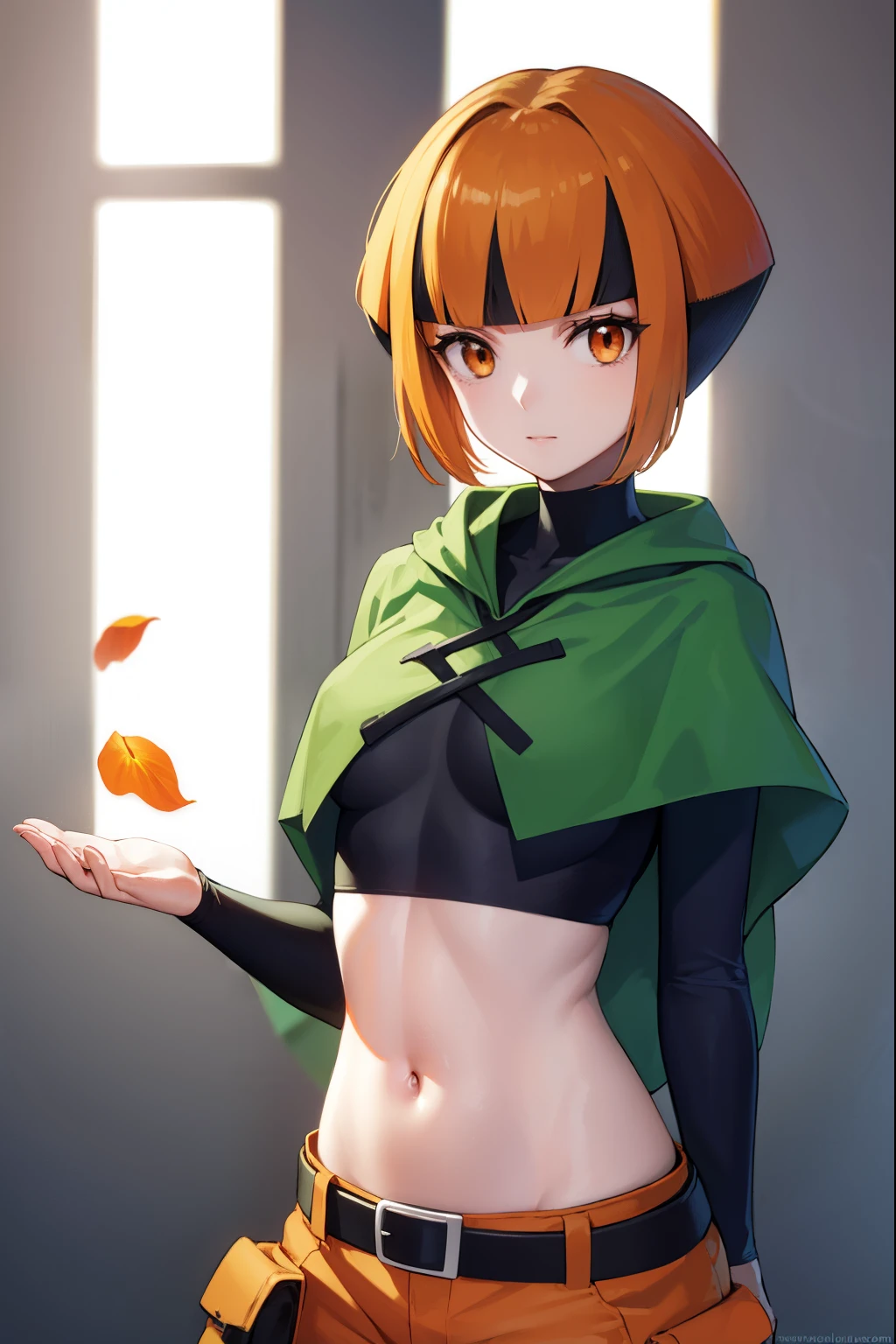 pokemongardenia, pokemongardenia, black hair, bob cut, multicolored hair, (orange eyes:1.5), orange hair, petals, short hair, two-tone hair,
BREAK belt, belt buckle, buckle, capelet, cargo shorts, midriff, navel, shorts, undershirt, long sleeves, green capelet, black undershirt,
BREAK looking at viewer, full body, (cowboy shot:1.5),
BREAK indoors,
BREAK (masterpiece:1.2), best quality, high resolution, unity 8k wallpaper, (illustration:0.8), (beautiful detailed eyes:1.6), extremely detailed face, perfect lighting, extremely detailed CG, (perfect hands, perfect anatomy),