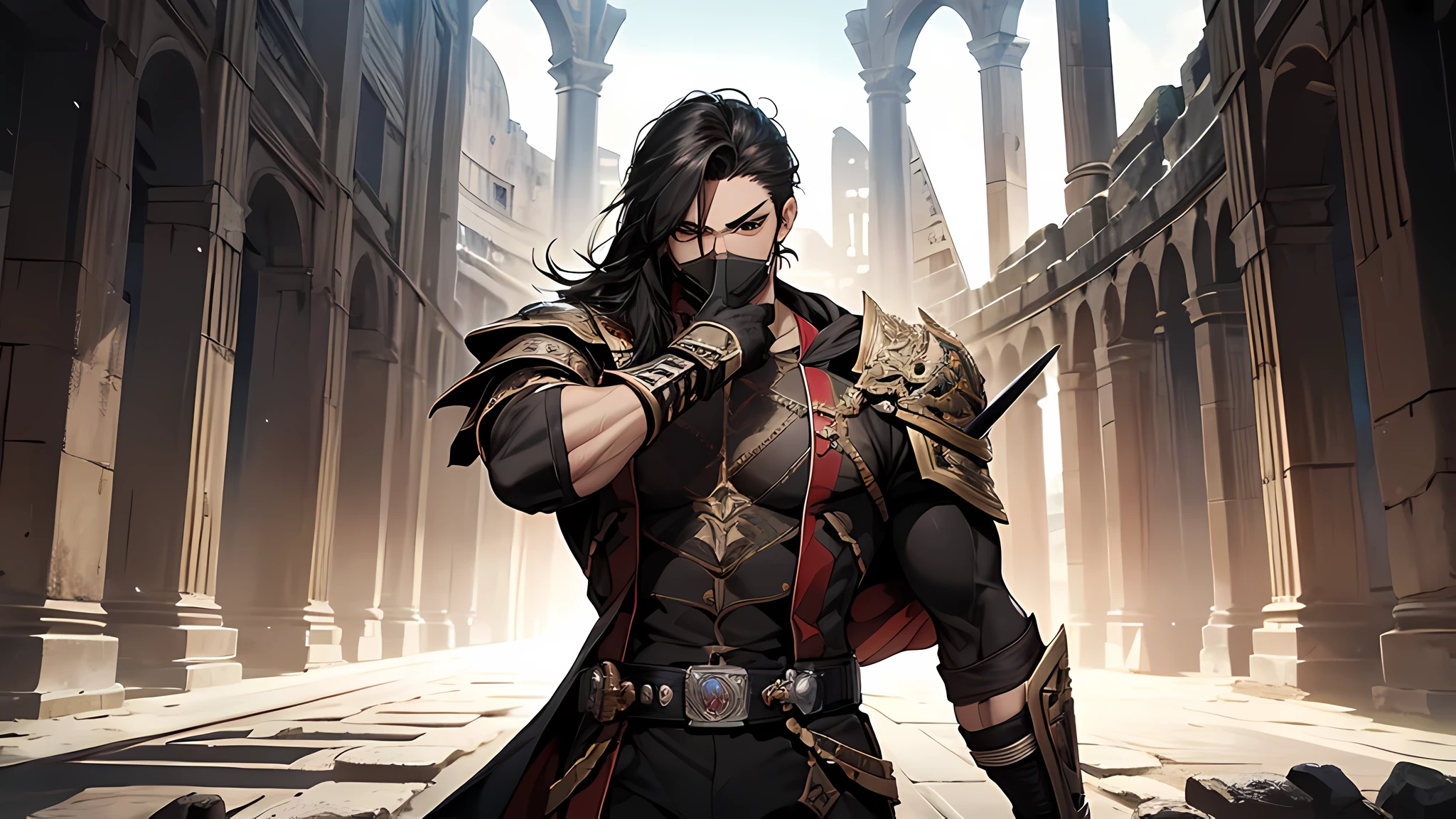 Muscular young man, wearing mask, like a kamen rider, holding sword, upper body revealed, in a center of colloseum arena, gladiator, legs uncovered from thighs to feet, intricate muscular details, long black hair tied up, A swordsman, also alone, walked out, but from the western gate.