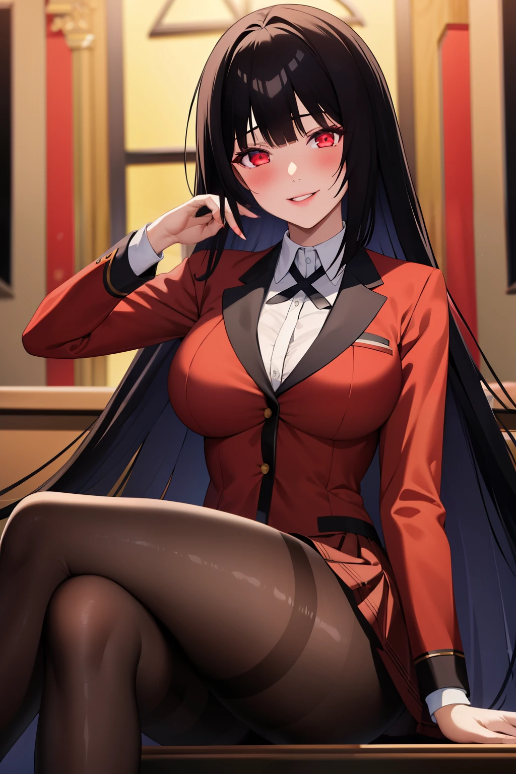 masterpiece, best quality, highres, hmjy1, long hair, blunt bangs, school uniform, red jacket, black pantyhose, white shirt, black ribbon, pleated skirt, long sleeves, cowboy shot, glowing eyes, blush, evil smile, sitting, classroom, dark background, crossed legs,