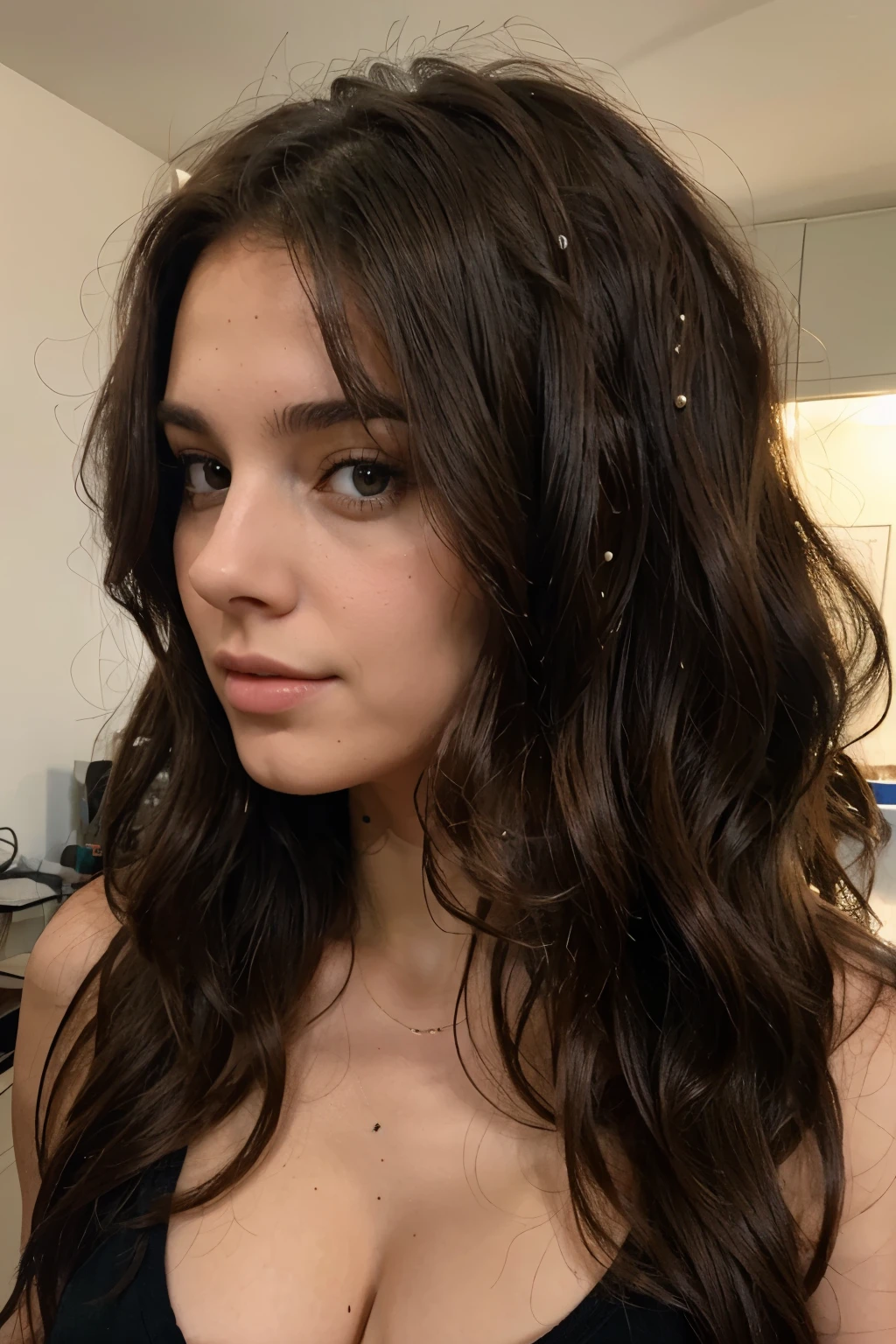 A very beautiful and sexy attractive brunette young 25 year old female, very realistic, having a frizzy bad hair day