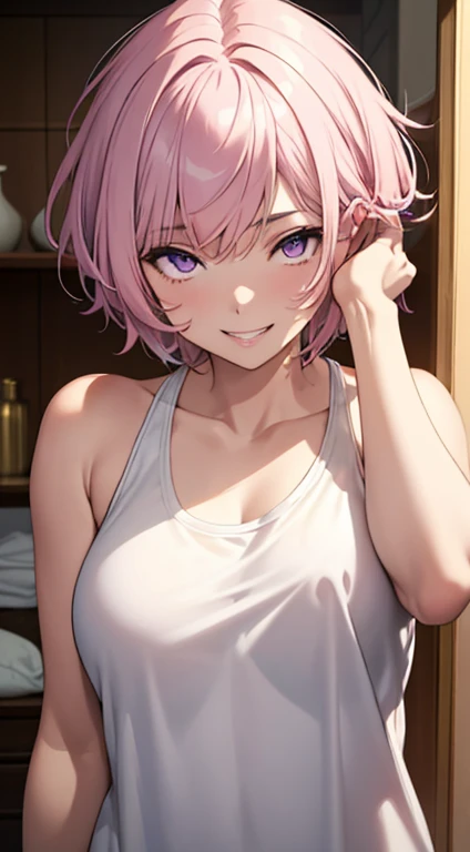 (masterpiece, highest quality), intricate details, thin, ((slim)), beautiful girl, light pink hair, short hair、white skin, light purple eyes, Green Tank Top, messy hair, plump lips, Upper body, close, grin